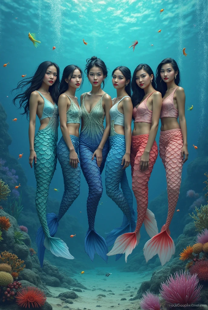 Mother and daughter, mermaid, mermaid tail below waistline, underwater, sea, coral, fish, smile, blush,