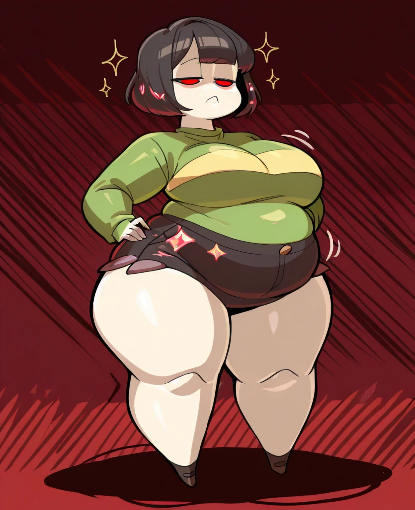 best quality, afterglow, 4k, ((masterpiece)), extremely detailed, 8k, trending on ArtStation, Intricate, High Detail, Sharp focus, trzgc 1girl, horns, colored skin, solo, black hair, grey skin, smile, glasses, sharp teeth, fangs, sunglasses, re-tinted eyewear, colored sclera, shirt, grin, red eyes, black shirt, t-shirt, red skirt, indoors, bbw, plump, large belly, large breasts, large thighs, love handles, wide hips, weight gain,
