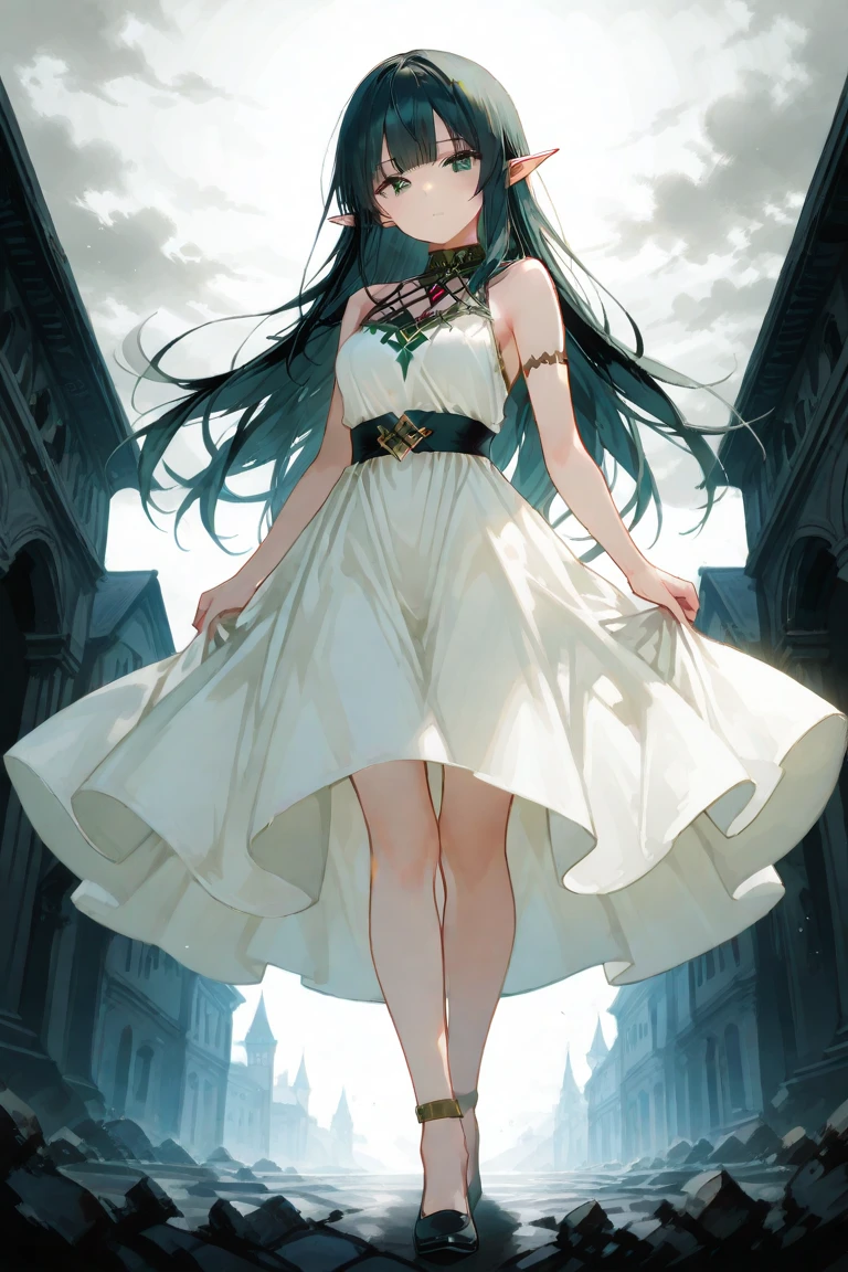 (beautiful:1.4) goddess, from front, black hair, long hair, straight hair, greek clothes, simple clothes, peplos, cross-laced sandals, Inside the temple <lora:GreekClothes:1>