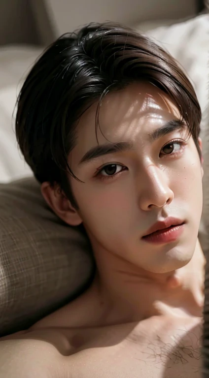 Hyperrealistic, 20-year-old, Handsome model, Korean Man, nude, On the bed, penis, Top View, Expressions of ecstasy/Orgasm, , Semen on chest and face