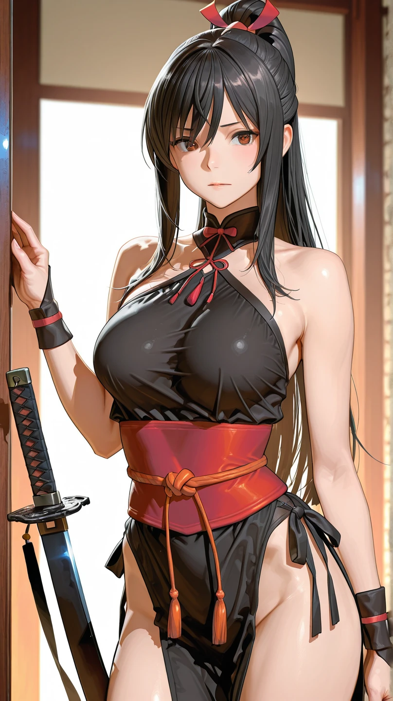 ((masterpiece, best quality, high resolution, UHD, pixel perfect, depth of field, 8k, RTX, HDR))cowboy shot, BREAK, 1girl, single, alone, beautiful anime girl, beautiful art style, anime character, ((style of Akame Ga Kill!)),((long hair, )), (green:1.4, round eyes, beautiful eyelashes, realistic eyes), big chest 1.5, with cleavage, neckline, blushing, wears a miniskirt, shirt, cleavage, BREAK, in pose dynamic, holding a katana with one hand in a old dojo of japan