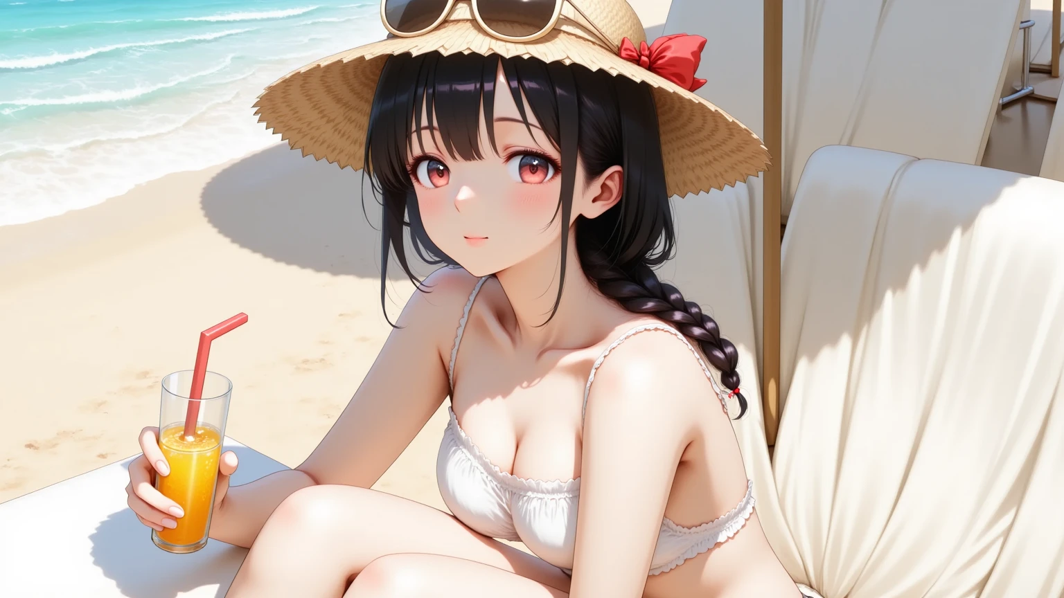 masterpiece, highest quality, 8k, ultra high resolution, highest quality, best writing, beautiful face, (black-green hair:1.3), Long hair Short hair、white hair band、red eyes、(black halter bikini:1.3), beach, outdoors, smile, Slender, free pose