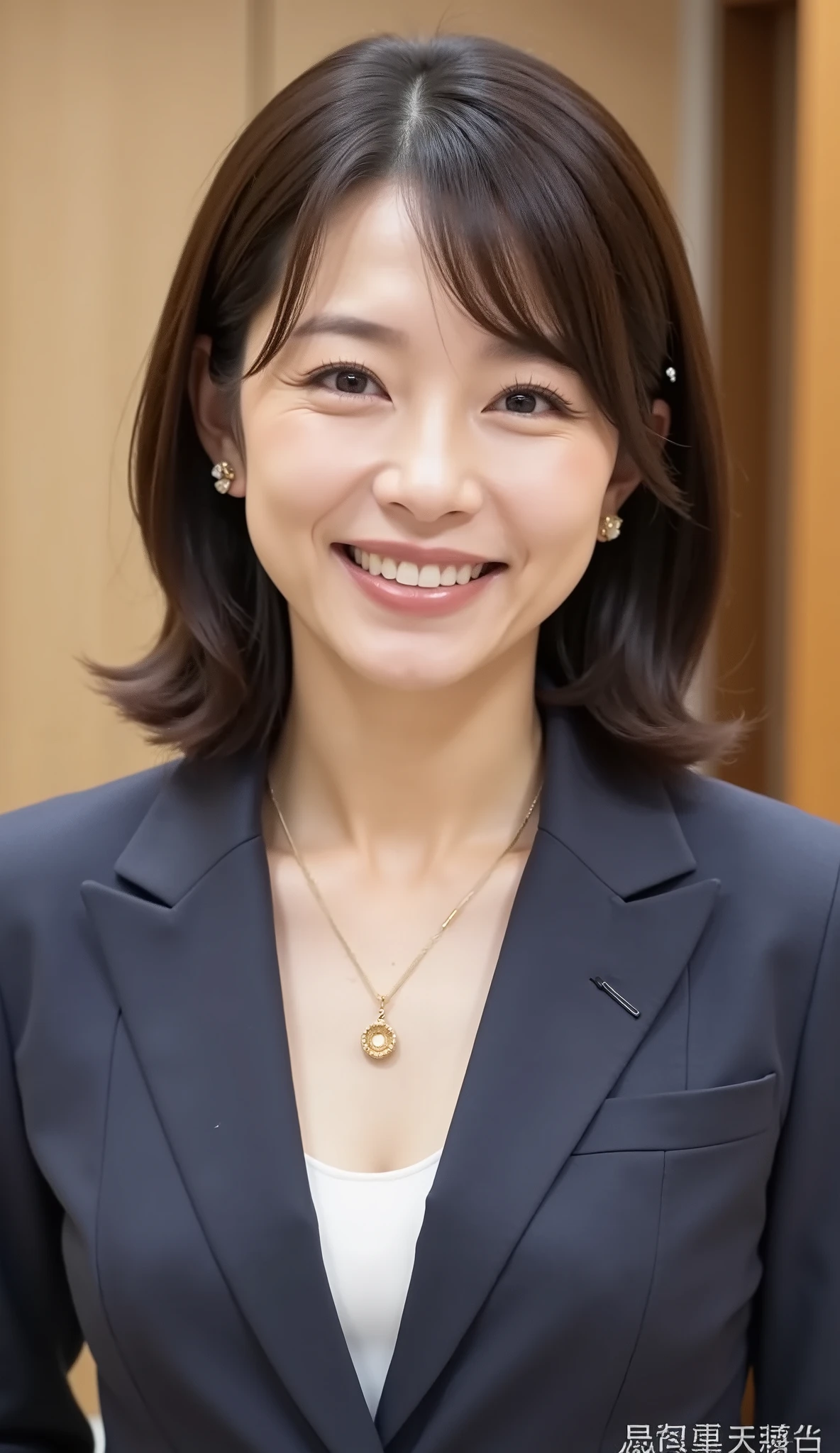 nsfw、From front、Japanese in a グレーcollarless suit、looking at the camera、25-year-old female minister、、hairstyle shortcuts、wavy hair、Ear piercings、necklace、、during regular press conference、(bust up shot:1.5)、、Smiling Face Showing Teeth Video Generation