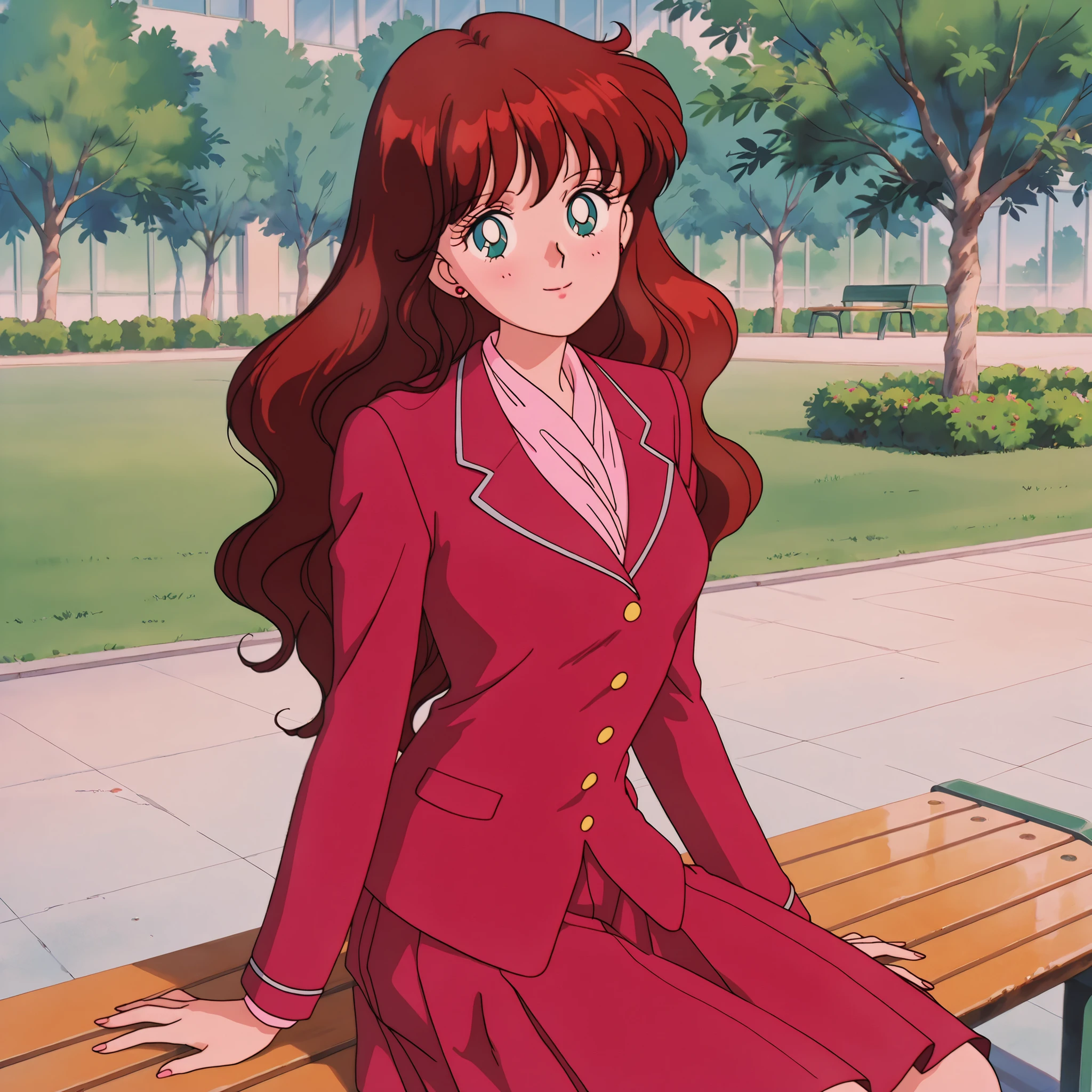 masterpiece, amazing quality, best quality, ultra-detailed, 8K, illustration, clear skin, ultra-detailed-eyes, soft skin, very awa, very as2, soft body, 1990s \(style\), official art, 1girl, solo, haruna sakurada, bishoujo senshi sailor moon, long hair, reddish brown hair, blue eyes, red suit, red skirt, pink shirt, looking at viewer, smile, school park, bench