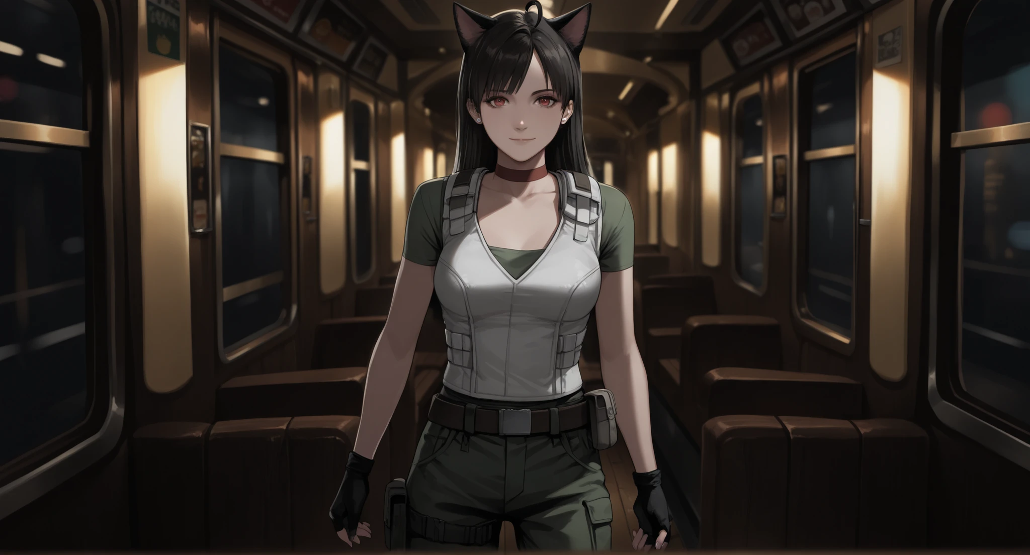 Rebecca Chambers from resident evil, masterpiece, best quality, 1girl, solo, rbchm, ((cat girl, cat black ears)), (red eyes), (long hair), (( black hair, (Ahoge), straight bangs,)), , with a black off-shoulder blouse,short black skirt,, stud earrings, red choker, white vest, green shirt, short sleeves, belt, belt pouch, fingerless gloves, black gloves, green pants, cargo pants, upper body, looking at viewer, medium breasts, (Inside a super elegant train car with volumetric light and empty., wooden seats, dark theme, light smile, indoors, wooden floor)