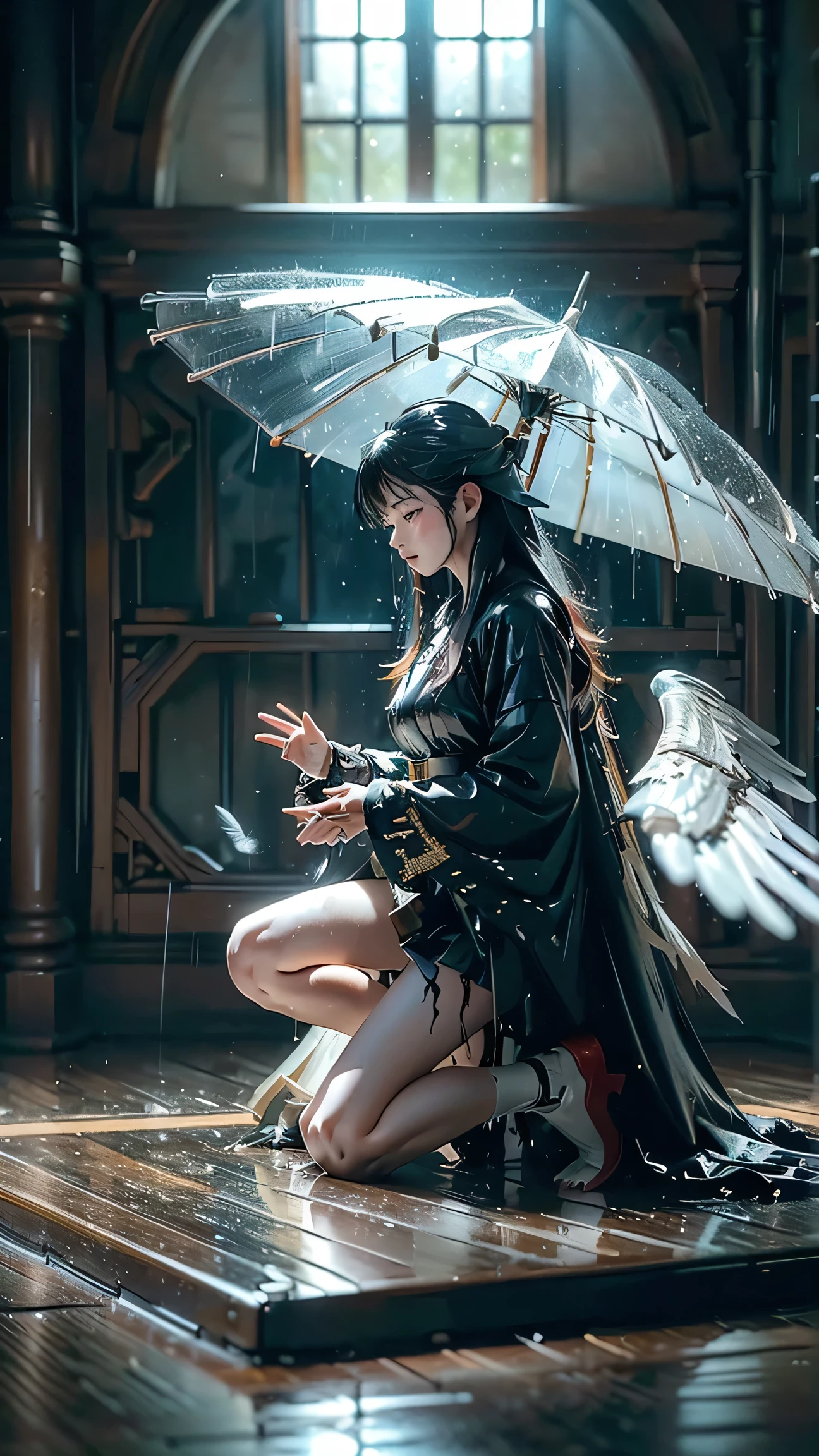 ((masterpiece, top quality, 最High precision in selection, high resolution, photorealisticな,  RAW images , 8k)), ((Highly Detailed CG Integrated 8K Wallpaper)), wing gundam zero, realistic、16ｋ、High precision in selection、 realisticな battlefield、Fallen Angel Getting Down on One Knee and Praying for Peace in Front of a Cross、with realisticな shaped feathers on its back、Like a fallen angel、folding wings like a broken angel、No feathers on one side、 Female Warrior、feather fragments scattered on the floor、 realisticな battlefield、（（heavy rainが降りつける））、resting wet feathers、Praying for peace、An angel putting palms together and offering prayers、The roof is broken、Drenched Angel、 Wet Floor、Large Cross Background in a Stained Glass Window of a Destroyed Church、Rain Drops Falling from Her Hair、Rain Drops Flowing from Her Feathers、（（heavy rain is falling））、heavy rain、wet hair、wet clothes