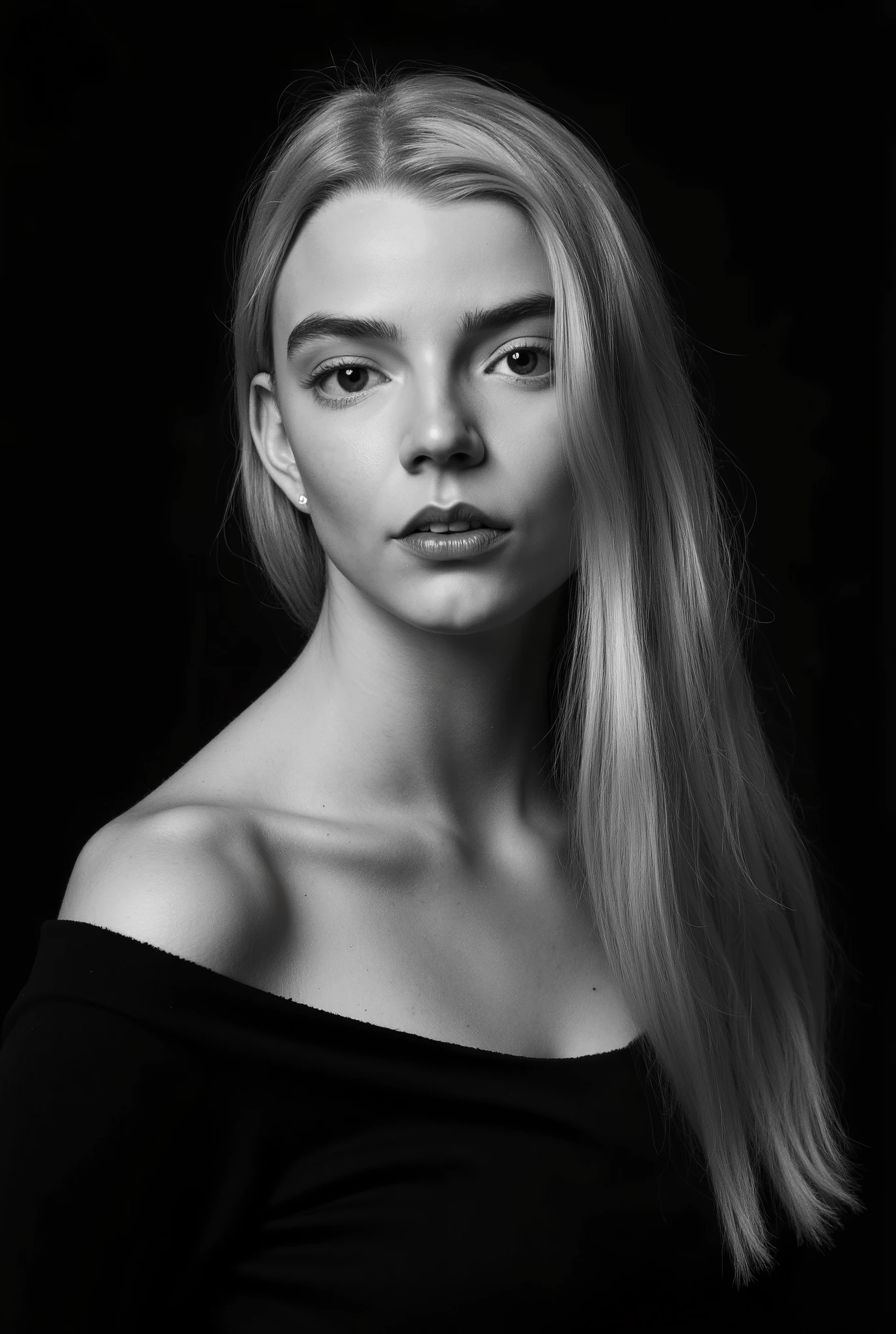 In a monochromatic setting, a girl showcases striking long, blonde hair that flows freely over their shoulders. The hair is characterized by its smooth texture and subtle layers, catching the light in gentle highlights that contrast against a shadowy backdrop. The choice of black attire blends seamlessly with the dim surroundings, enhancing the overall mystery and timelessness of the portrait. The composition focuses on the interplay between light and darkness, emphasizing the graceful lines of the hair and the serene calmness of the scene. Open shoulders and collarbones emphasize the femininity and seductiveness of the girl. She has a charming look and a sensual expression on her face. There are highlights in her dark eyes. close-up portrait, high quality, photorealism, masterpiece, professional photography, classic black-and-white photography, intricate details,