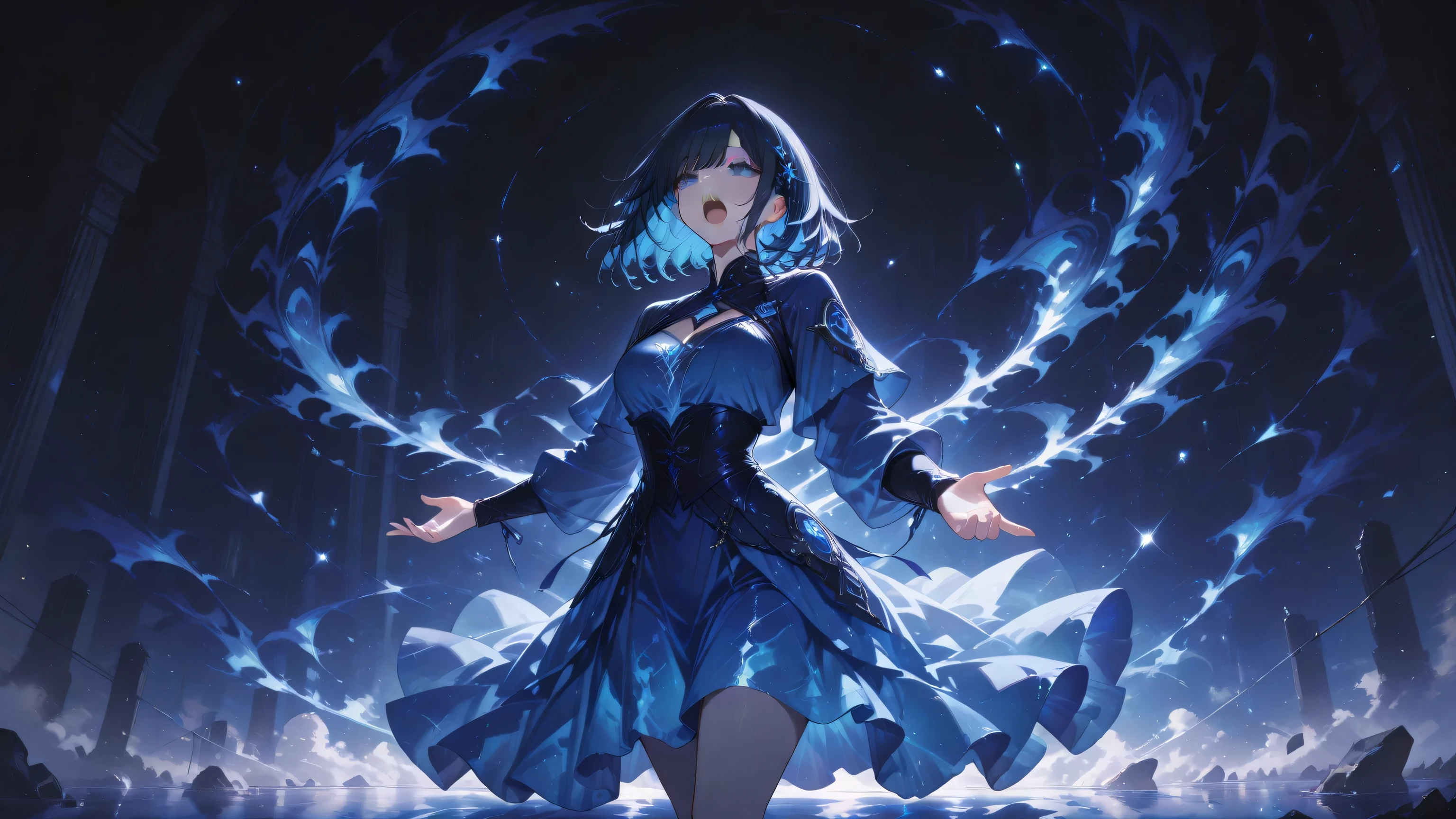 masterpiece, one girl, black medium hair, short cut, blue inner hair, asian, blue eyes, wearing blue dress (in fantasy), Apocalyptic atmosphere, singing passionately,