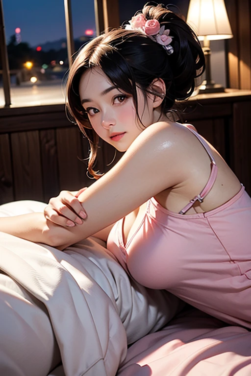 Sexy woman, black hair tied in a bun, smokey eyes, eyeliner, glossy lips parted, blushing intensely, smiling, wearing maroon kurta pajama with maroon sheer shawl, lying on bed, head on pillow, facing up
