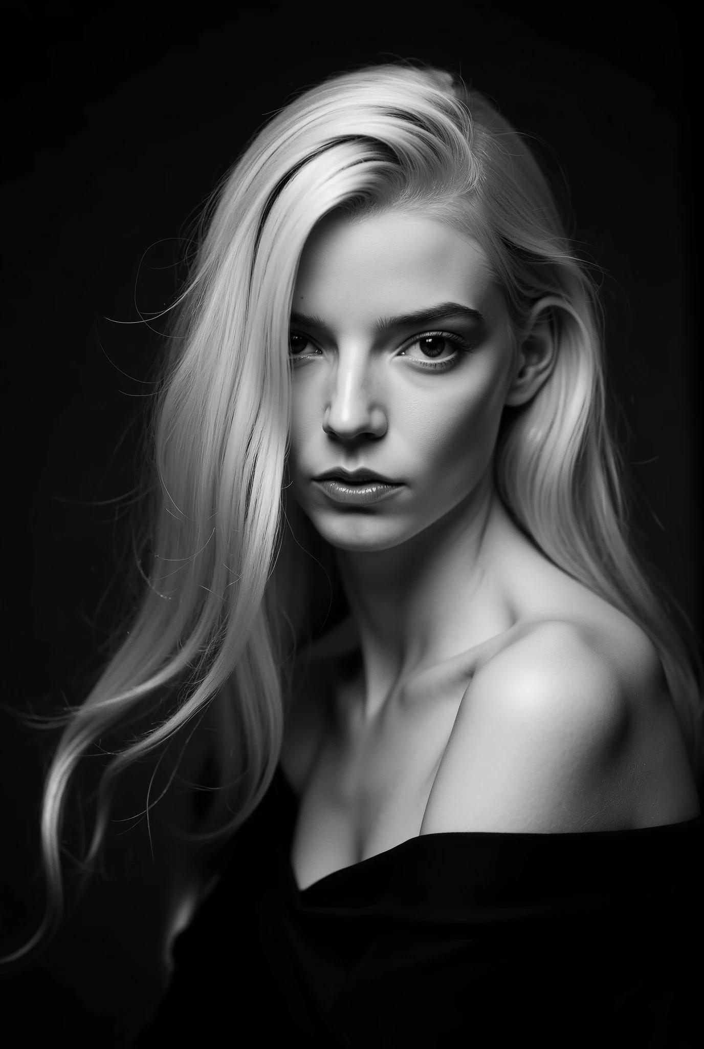 In a monochromatic setting, a girl showcases striking long, blonde hair that flows freely over their shoulders. The hair is characterized by its smooth texture and subtle layers, catching the light in gentle highlights that contrast against a shadowy backdrop. The choice of black attire blends seamlessly with the dim surroundings, enhancing the overall mystery and timelessness of the portrait. The composition focuses on the interplay between light and darkness, emphasizing the graceful lines of the hair and the serene calmness of the scene. Open shoulders and collarbones emphasize the femininity and seductiveness of the girl. She has a charming look and a sensual expression on her face. There are highlights in her dark eyes. close-up portrait, high quality, photorealism, masterpiece, professional photography, classic black-and-white photography, intricate details,