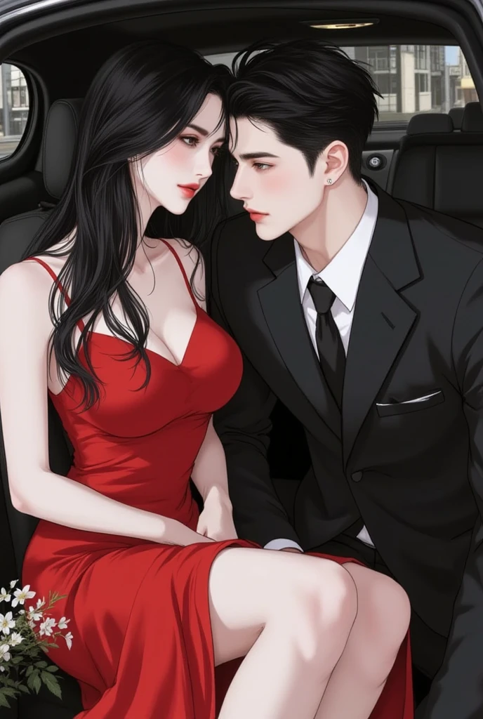 (Tabletop, Digital Art, Digital Illustration, 4K, 8K, Very detailed, Beautiful images, Clear images, Realistic, RAW Photos, Perfect Face, Perfect Lines, Perfect Eyes, Big eyes、Soft lighting) 1 female, (Long black hair,Straight hair,Bullish view,Beautiful woman,Man in suit,Apply makeup thoroughly,Girl,:1.3),secretary, Two handsome men in suits, (human,Man in suit,Muscular,Strong shoulder width, human,Boyish hairstyle,English gentleman;style,A man in his 30s with a cool expression,A 28-year-old man with a bright smile:1.2),Red sports car、drive、ride in a car、Couple,(1 boy, a boy is grabbing girl’s breasts from behind:1.3),Pink Rose
