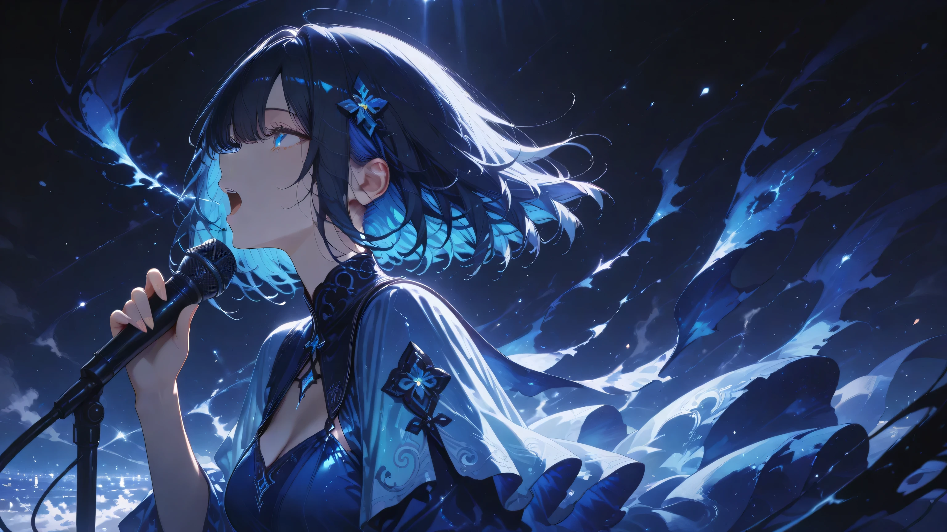 masterpiece, one girl, black medium hair, short cut, blue inner hair, asian, blue eyes, wearing blue dress (in fantasy), Apocalyptic atmosphere, singing passionately, close shot of the girl