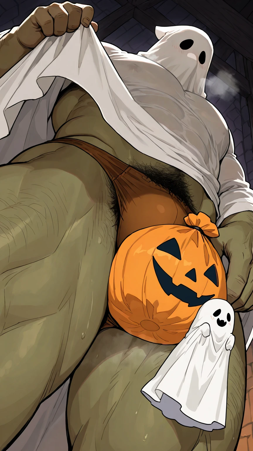 mummy costume, bandages, dynamic pose, bandaged arm, bandaged legs, bandaged torso, (smirk:0.9), halloween, penis, night, close up, sitting on throne, castle, (best quality), (masterpiece), (highly detailed), cinematic, (detailed background), depth of field, intricate details, 8k, bara, photo of a handsome man,