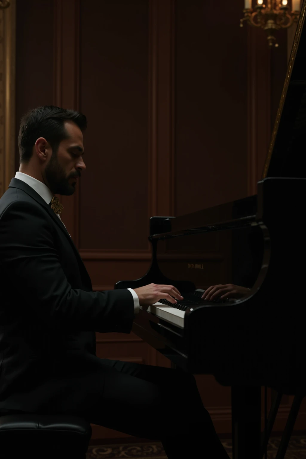 Make a muscular man playing a piano