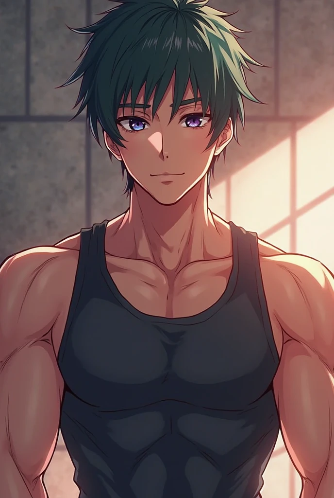 足を組んで床に座っている赤い髪のAnime Boys, Anime Boys, Anime Styleキャラクター, clothing:Black Tank Top, boy wearing denim shorts, Anime Styleで, Anime Style, Anime Style, Muscular man, Knight of Zodiac Boy, In anime style, Masculine and muscular, Skin tight tank top, Bare Arms, Bare shoulders,