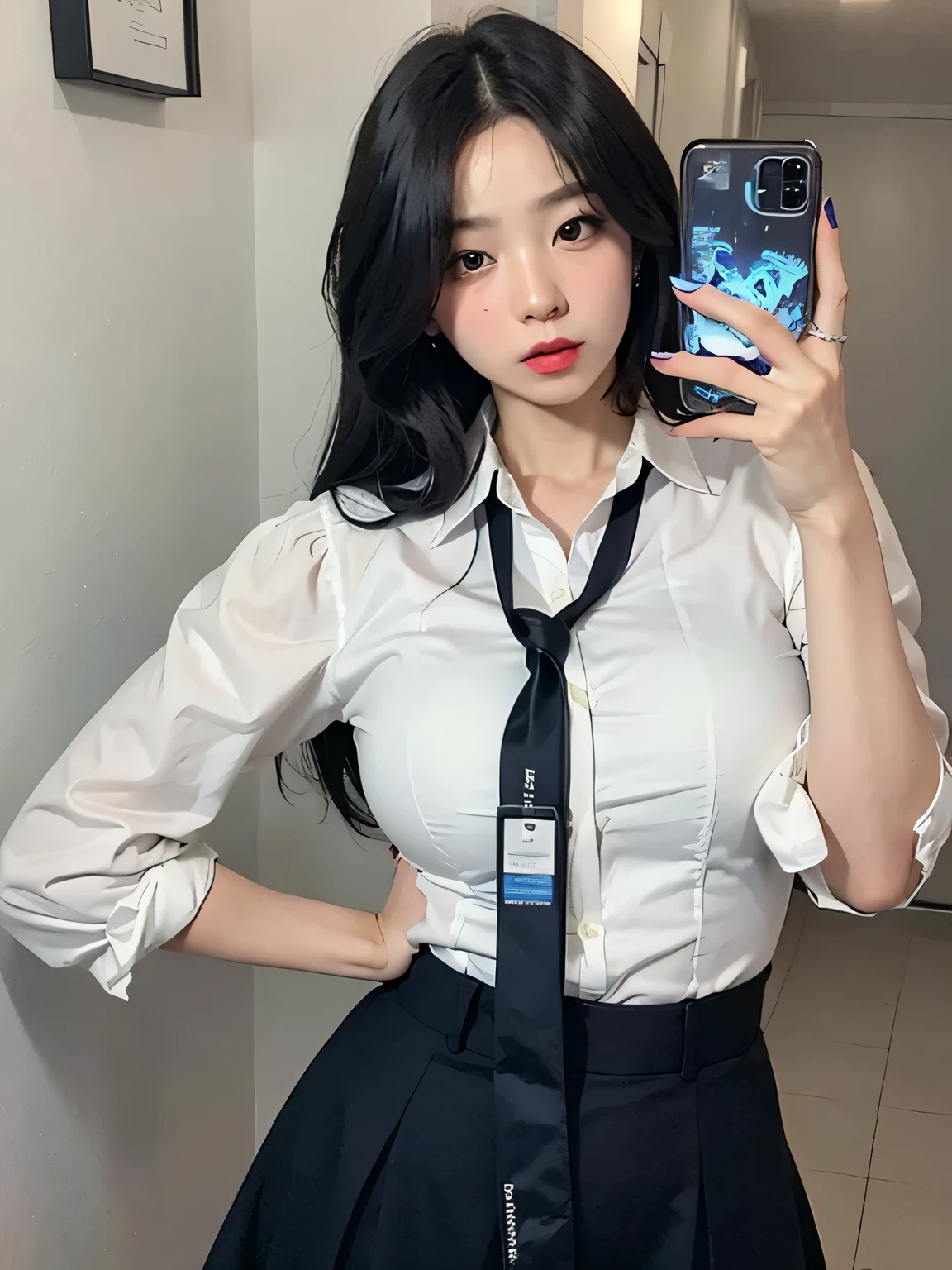 (high quality), (NSFW:1.2), (school _uniform :1.2), (split screen:1.3), (A delinquent:1.3),(girl's pantyhose:1.1), (glamorous and mature high school girl and a Korean adult man enjoying a smartphone chat app :1.4), (Her smartphone display shows a number of Korean adult men chatting to a high school girl.:1.4), (Their chat language is English:1.6), (Men are waiting for her response:1.5), popup window, (And the man is requesting a chat with her on the smartphone screen:1.5). (Chat takes place alternately between women and boys:1.4), (each other places),