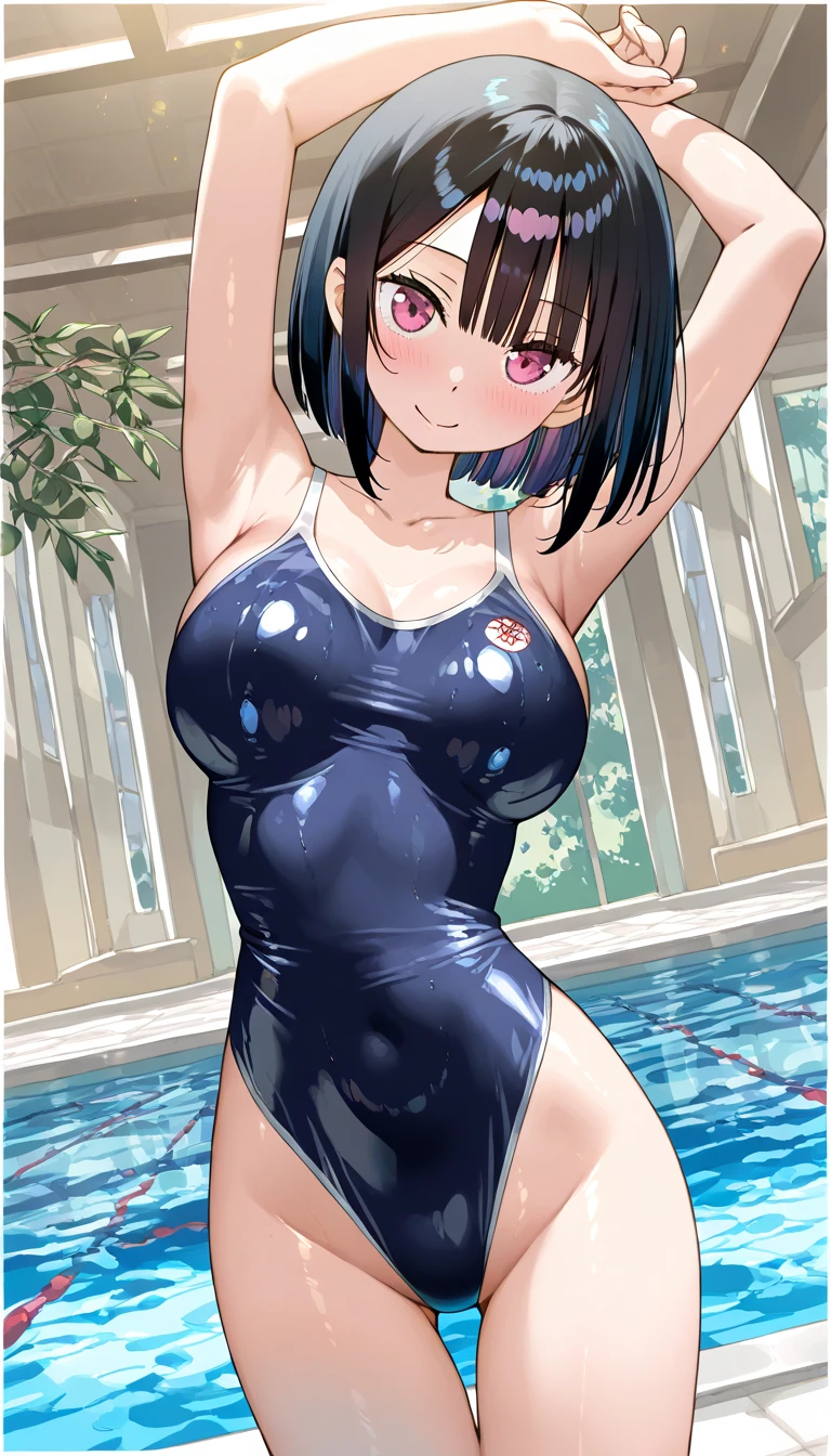 Sagasawa Fumika、White headband、Navy blue latex swimsuit、Dark bedroom、Cool look、Landscape、Sensational pink background