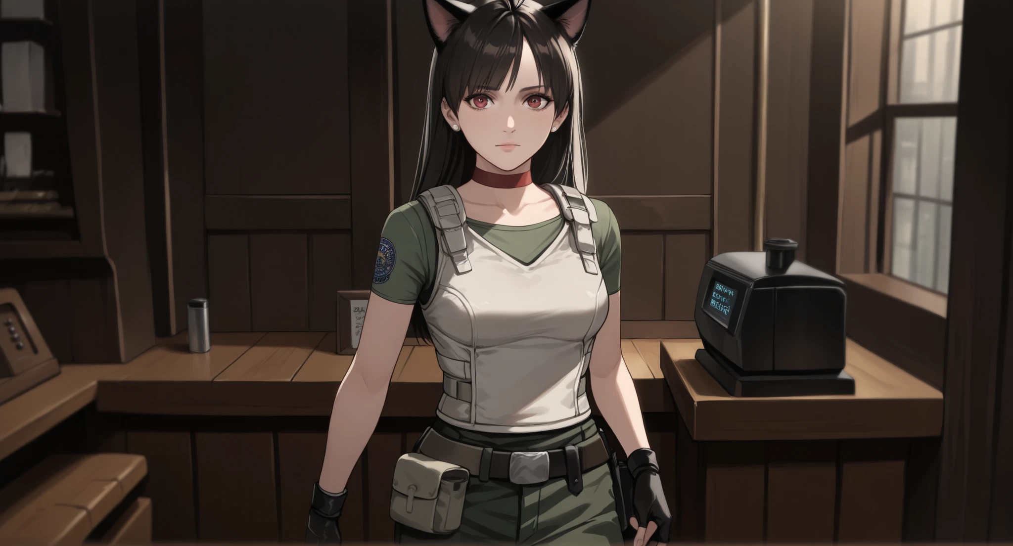 Rebecca Chambers from resident evil, masterpiece, best quality, 1girl, solo, rbchm, ((cat girl, cat black ears)), (red eyes), (long hair), (( black hair, (Ahoge), straight bangs,)), , with a black off-shoulder blouse,short black skirt,, stud earrings, red choker, white vest, green shirt, short sleeves, belt, belt pouch, fingerless gloves, black gloves, green pants, cargo pants, upper body, looking at viewer, medium breasts, (In an elegant study of an old office with 1998 writing machine, wooden seats, dark theme, cara seria, indoors, wooden floor)