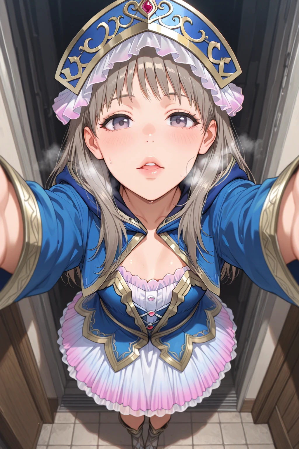 (women from afar in front of a giantess breasts: 1.2), (erect nipples: 1.2) (women from afar in front of the breasts of a giantess: 1.2), a giantess looming over a women from afar on a table, (women from afar on a tiny table in front of a girl: 1.1), (cute princess background: 1.2), foreshortening, upper body shot, from below, (giantess:1.2), collarbone, smug smile, medium sized breasts, midriff, bare shoulders, collarbone, (women from afar on a table: 1.1), (miniature woman on a table: 1.2), very detailed, beautiful, professionally drawn, (perfect beautiful skin), (huge breasts with nipples: 1.2), (mature woman: 1.4), happy, :3, (smug:1.1), scared, :o, catgirl, armpit, (rear end miniature woman: 1.4)