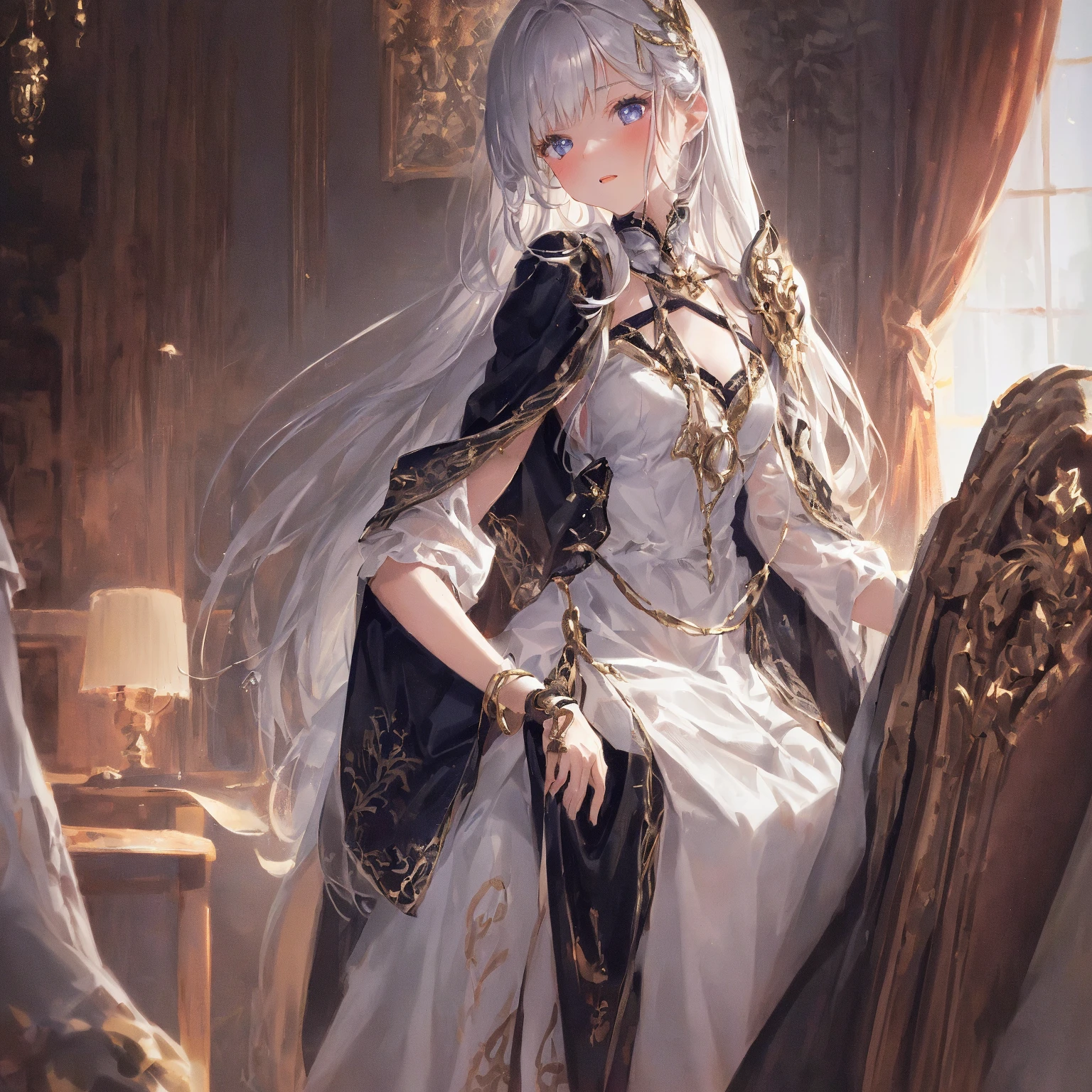 (Masterpiece:1.2), best quality, (illustration:1.2), (ultra-detailed), hyper details, (delicate detailed), (intricate details), (cinematic light, best quality Backlights), clear line, from below, soloist, perfect body, (1girl), white hair and yellow eyes, (emperor, black see-through clothes), (crown: 1.1), sitting on the throne, eyes slightly closed, head down, (shy: 1.2 ), (makeup), high contrast, (best illumination, an extremely create and beautiful), (cinematic light), colorful, blonde hair, white dress