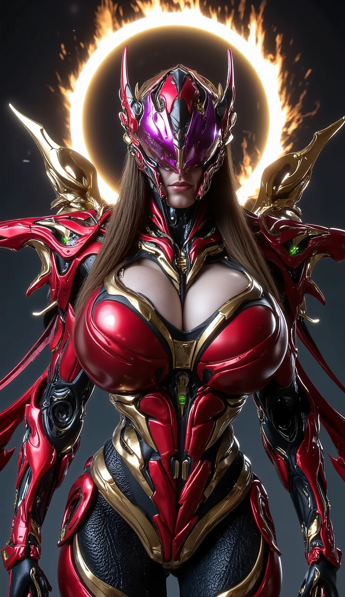 Full figure body, a burly woman with futurist wearing a high-tech exoskeleton suit like a complete cosmic armor in shiny red and gold is on, with green accents and a hint of purple , Futuristic and tough . Fantasy Mecha half helmet , there is a large energy fire circle And a pair of Large mechanical wings spread on both sides behind his back , (busty curvy body with massive Gigantic fakest breasts:1.5) , fingerless glove , Elbow protector armor , high-tech aerodynamic design with sharp stripes . Part of the chest armor looks solid with protruding armor , portrait , Standing while looking forward , (background Outer space:1.4).