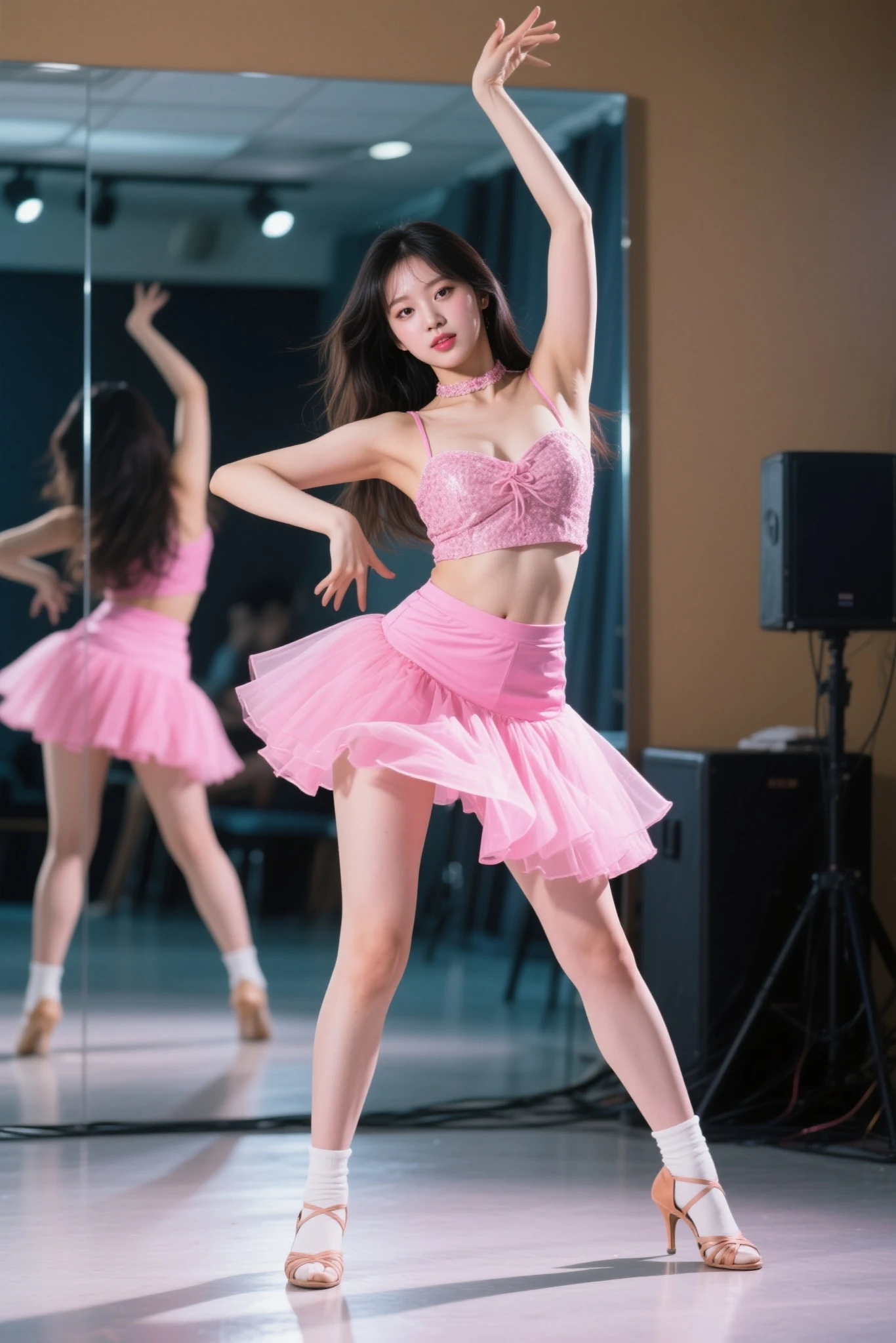 best quality,masterpiece,ultra high resolution,(actual:1.4),original photo,ultra high definition，8k，there is a woman，cold，long legs，confident, Beautiful and generous，dance studio practice