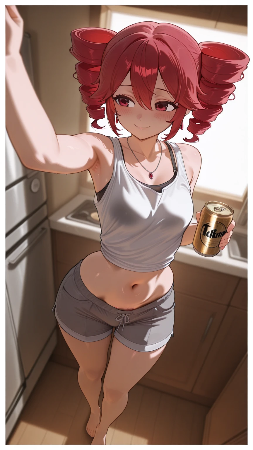 1boy, toned, teasing eyes, hair bowl, HD, masterpiece, vibrant, choker, sweatshirt, feet in thigh socks, lush, attractive, small chest, thick thighs, big ass, drinking milk on the couch,