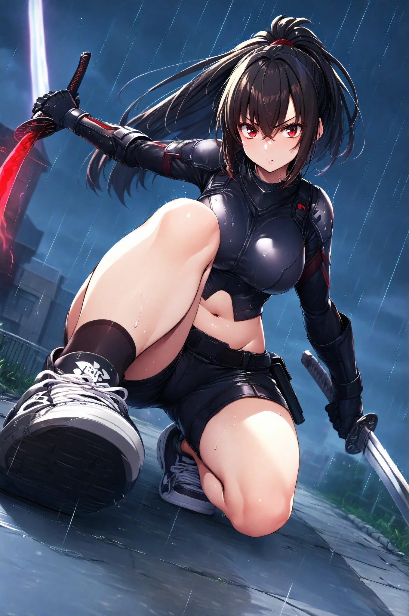 Very detailed, clear, beautiful body, Beautiful nose, Beautiful character design, perfect eyes, perfect face, very high, 4k, Beautiful legs, perfect legs, good hand, perfect hand, Masterpiece, best quality, haveรายละเอียดสูง, illustration, nonsense, perfect anatomy, street fighter, doll set, Chadaloo Doll, doll set, expressionless, empty eyes, look at viewer, red gloves, Emotionless, black Latex, corruption, mind control, female warrior, full body, hypnotized, ความมึนงงที่ไม่haveความสุข, full body suit, Ribbed bodysuit, Both arms are at the sides., obey, perfect woman's body, extremely glossy Latex, hypnosis, Hipnolora, empty eyes, empty eyes, mind control device, Poses, give up_Pose, slave, kneel up straight, kneel, kneel at attention, have, necktie, belt, Latex, Ribbed bodysuit, thigh high, garter belt, fighting posture, Extend your right arm away from your shoulder into the air with your hand straight., soldier, thigh boots, 1 girl, hair accessories, black hair, long hair, conjunctivitis, (((Pixel Perfect, perfect detail))), alone, 1 girl, Aya Asagiri, mahouhoujosite, smooth