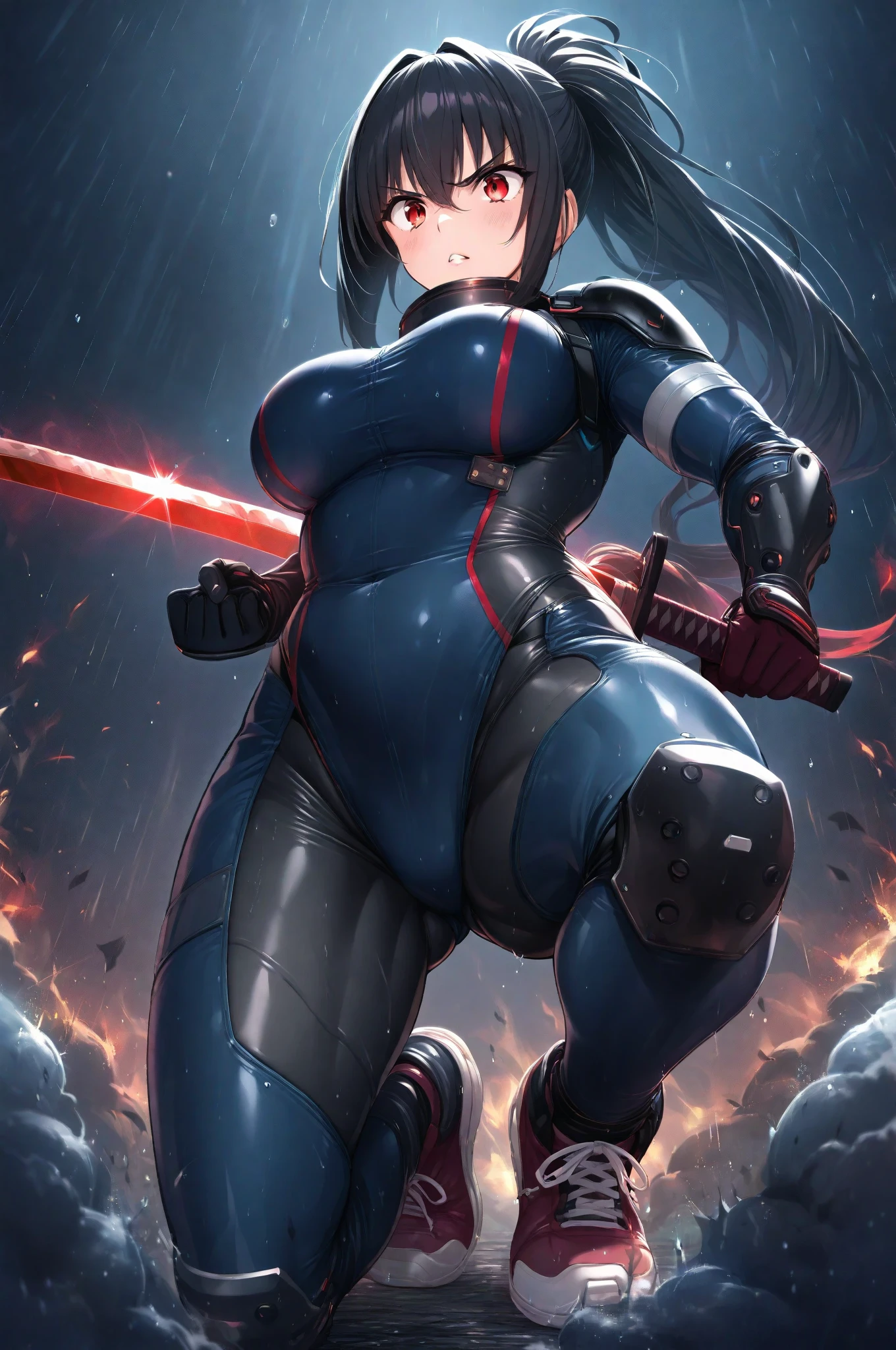ultra-detailed, Explicit, Beautiful body, Beautiful Nose, Beautiful character design, perfect eyes, perfect face, ultra highres, 4K, beautiful legs, perfect legs, Nice hands, Perfect hand, Masterpiece, Best Quality, Highly detailed, illustration, absurdres, street fighter, doll suit, shadaloo doll, dollsuit, expressionless, blank eyes, looking at viewer, red gloves, emotionless, black latex, corrution, mind control, female combatant, full body, hypnotized, unhappy trance, full body suit, ribbed bodysuit, both arms at side, obey, perfect female body, extremely glossy latex, hypnosis, hypnoLora, empty eyes, Mind control device, poses, submissive_pose, Slave, hat, necktie, stand up straight, standing, standing at attention, hat, necktie, belt, latex, ribbed bodysuit, thighhighs, garter belt, Fighting Stance, extending the right arm from the shoulder into the air with a straightened hand, nazi saluting, military, military saluting, salute, thigh boots, 1girl, Strike Witches, black hair, amber eyes, long hair, Hattori Shizuka, ponytail