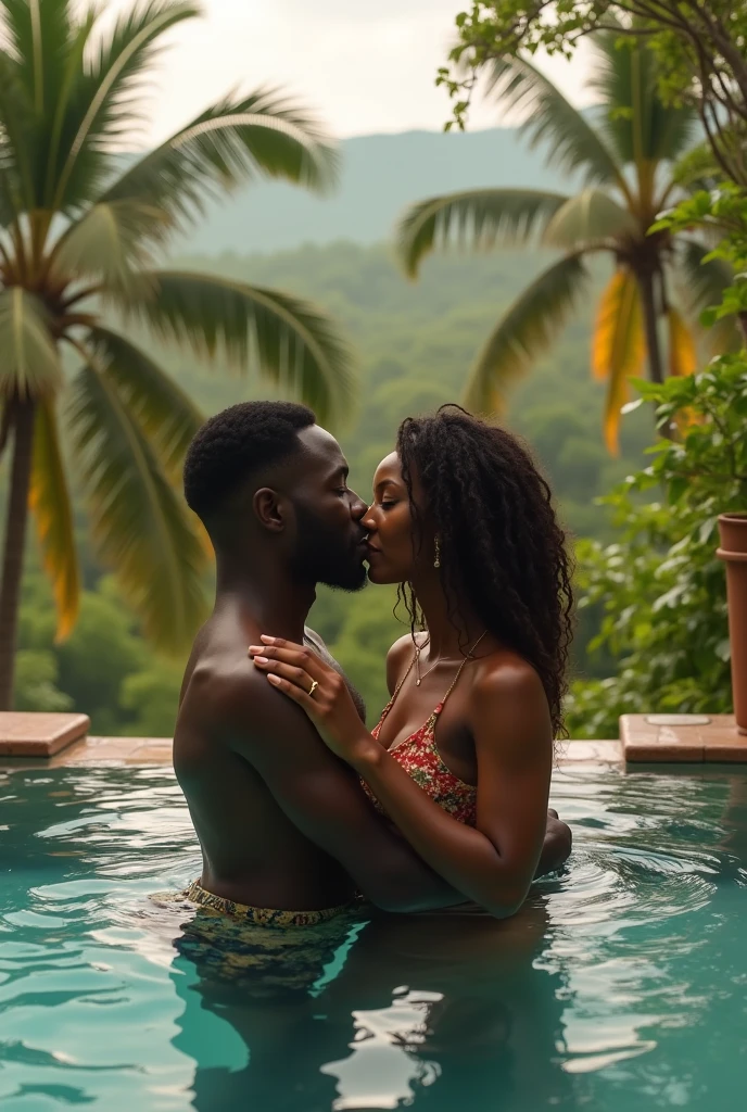 magical black man and black woman holding each other in a provocative way in front of a full moon surrounded by white lilies bathed in magic in the style of gustav klimt