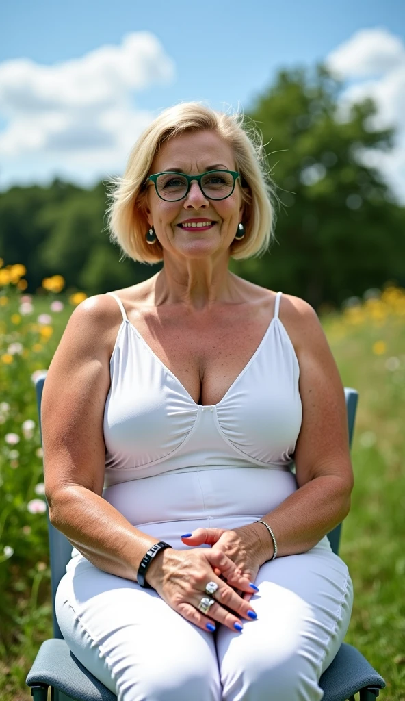 8k wallpaper, masterpiece, Highest quality, Super detailed, One Mature Woman, 50 years old, Become very clear, Wearing short sleeves, Skin dents, Captivating smile, Looking at the audience, Cleavage, plump, Curvaceous, Fascinating face, Smiling with teeth showing, Wrinkles around the eyes, Sitting on a park bench, Background Blur