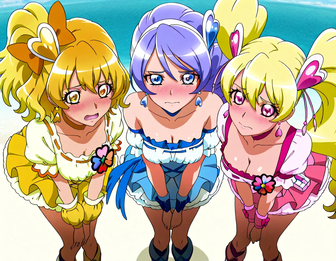 8-year-old、pretty girl、(PreCure high leg leotard:1.3)、Happy smile、Beautiful background、 Four Girls、Emphasizing pussy、Enhanced nipples