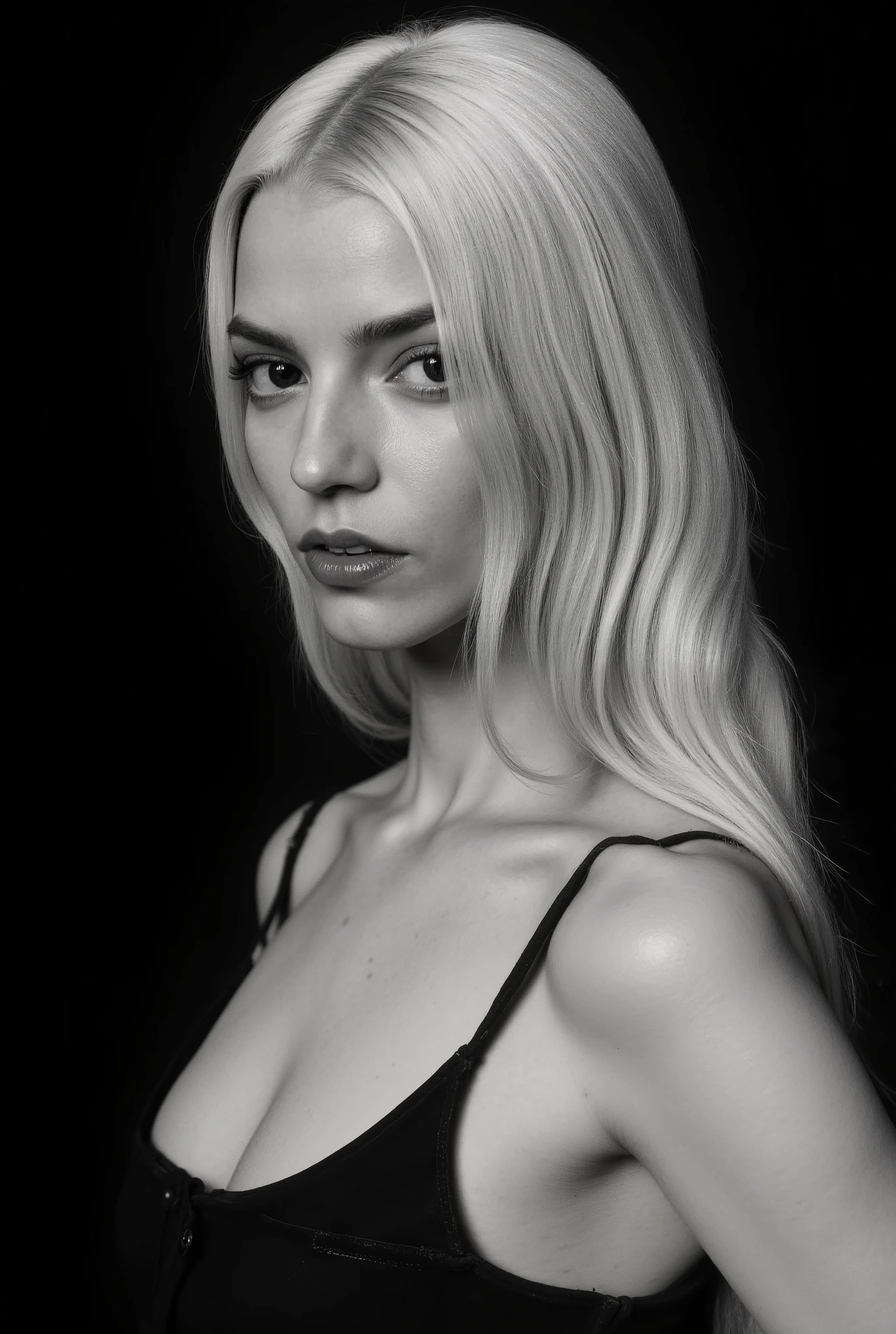 In a monochromatic setting, a girl showcases striking long, blonde hair that flows freely over their shoulders. The hair is characterized by its smooth texture and subtle layers, catching the light in gentle highlights that contrast against a shadowy backdrop. The choice of black attire blends seamlessly with the dim surroundings, enhancing the overall mystery and timelessness of the portrait. The composition focuses on the interplay between light and darkness, emphasizing the graceful lines of the hair and the serene calmness of the scene. Open shoulders and collarbones emphasize the femininity and seductiveness of the girl. She has a charming look and a sensual expression on her face. There are highlights in her dark eyes. close-up portrait, high quality, photorealism, masterpiece, professional photography, classic black-and-white photography, intricate details,
