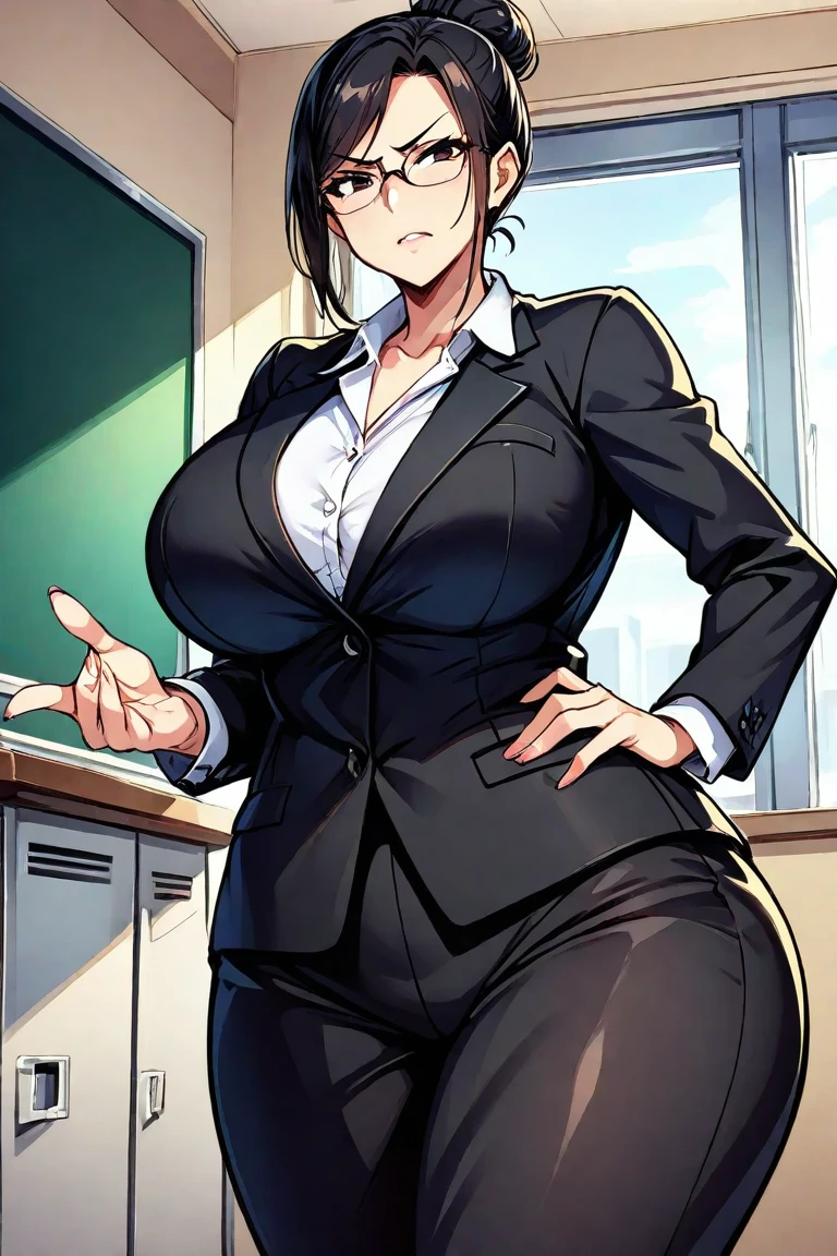 masterpiece, ((ultra detailed background, delicate pattern, intricate detail)), (highly detailed, fine details), best quality, beautiful lighting, (gigantic breasts)), NicoRobinV2, 1girl, black hair, long hair, solo, medium breasts, (smile), blue eyes, cleavage, closed mouth, hair slicked back, jewelry, collarbone, ((black skirt suit:1.1), pencil skirt, miniskirt,curvy, thighs, higheels, shiny clothes, skin tight), (complex detailed background, inside, luxury office), curvy, cowboy shot