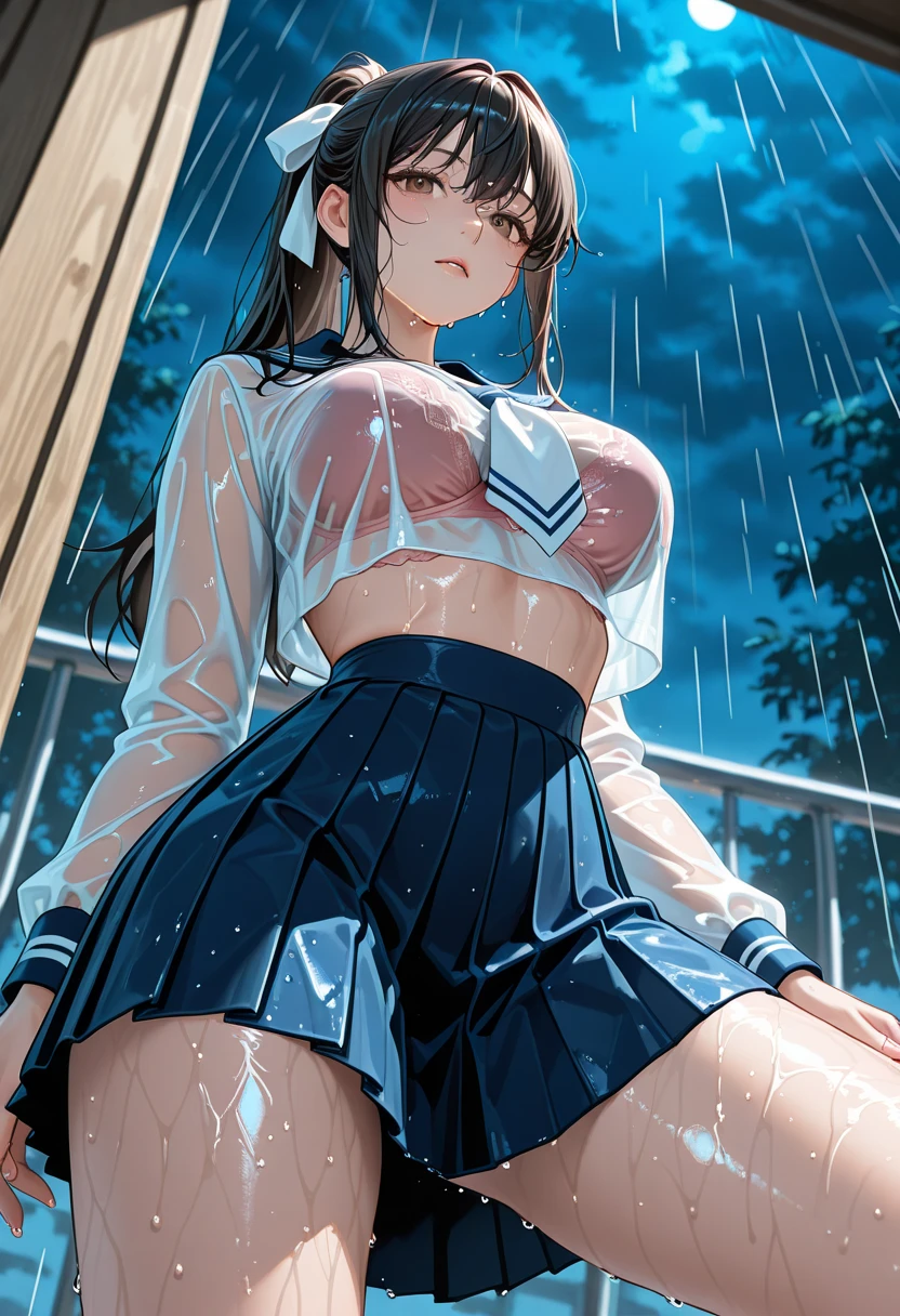 (masterpiece:1.2, 8K, best quality), (realistic, photorealistic:1.37), Super detailed, 
looking at the viewer, look away, full body,
1 girl, Japanese, high school girl, light brown hair, (long hair:1.4), (half up:1.7), skinny, Medium chest,
beautiful face, detailed and beautiful eyes, beautiful ears, beautiful body, beautiful breasts, beautiful thighs, beautiful feet, 

(Your belly button is slightly visible:1.1), (cute school uniforms(cute school uniforms:1.5), white skin), high heels, animal collar,

kneel down, spread your legs, lean forward, 
(Ahegao, embarrassing, I was scared, Are crying, sweaty, drooling, tremble, please open your mouth wide, make a loud noise), 
(((hentai rope bondage, (brown rope), shibari:1.6, traces of rope, ((turn your arms behind your back:1.4), chest bondage:1.5, arm shackles:1.5, Leg shackles:1.5, Crotch rope), wet crotch:1.5, my feet get wet, Inserting an object, Pink Vibrator, black beads)), 
(beautiful scenery), garden, (((midnight), rain:1.8, rainy, wet body)),