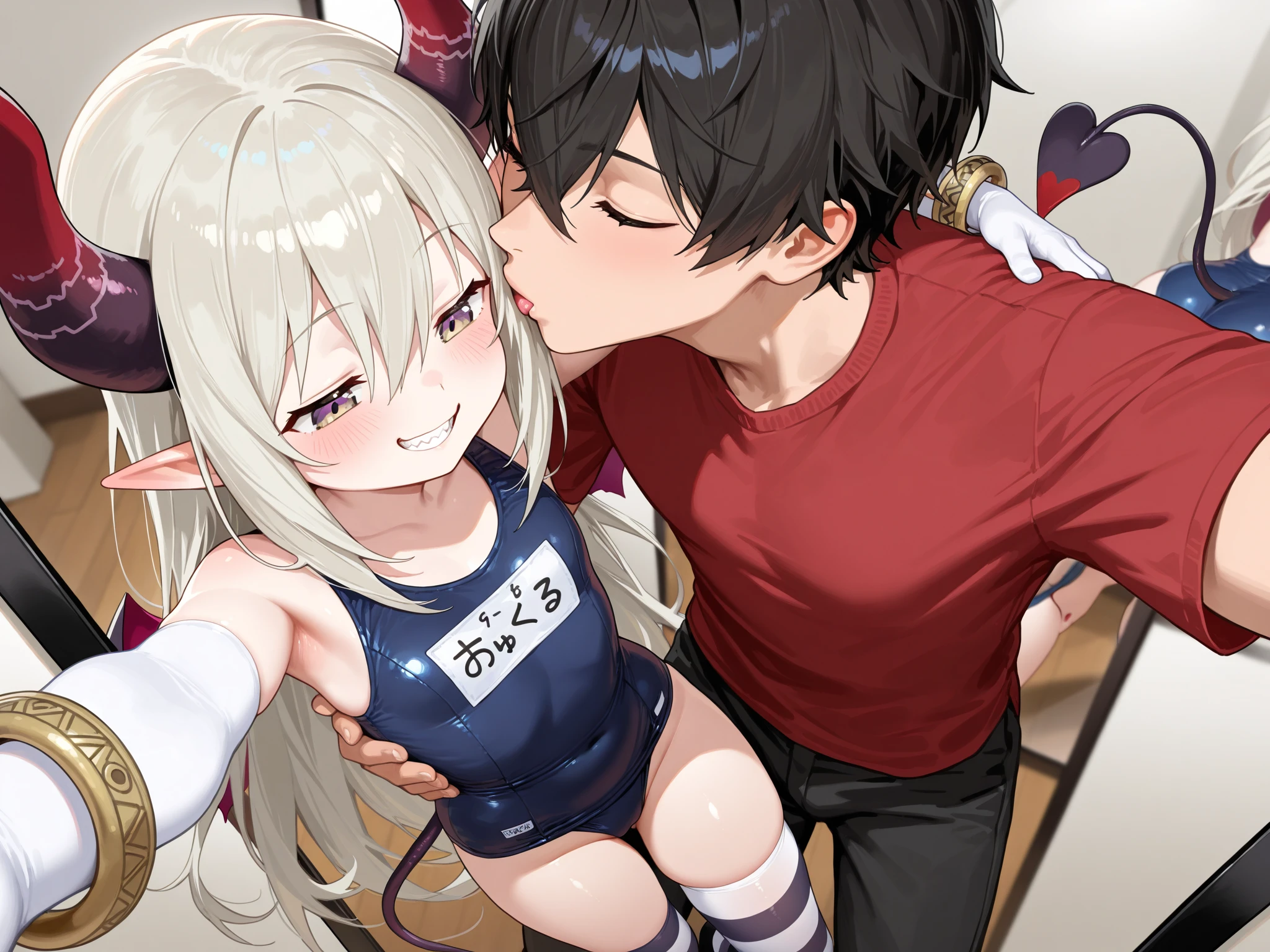 Swim suit, demon horns, kissing while giving handjob, seductive smile , red eyes, in classroom, mind control