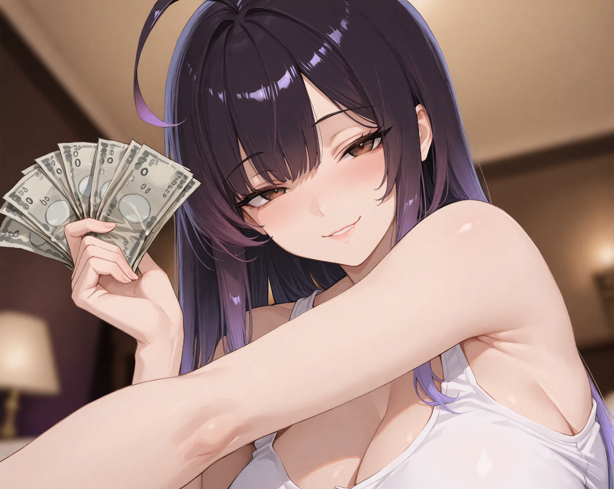 (((Solo)))、(((Big Tits、naked、Erotic)))、Brown fur, 濃いBrown fur, Brown Hair, 強烈なblue eyes, blue eyes, 強いblue eyes, Electric Blue Eyes, blue eyesの色, Huge lips, Swollen lips, (Perm、Ponytail hairstyle), Large Breasts, Huge breasts, Hourglass illustration, (Tight waist), trust, Superiority, Bratty, Brat, Being spoiled, Bully, Thick thighs, Earrings, On top of that, Diaphragm, Bermuda, smile, Half Plane, evil smile, pov money, sosteniendo money, money cayendo, Sweaty, Moaning, big , much money, money, green money, money flying, from the front, In a dark room (Soft Light, bed, closet, Windows...), big breasts, Grande aa , big hips, front, moneyを受け取る, Remittance handover、Big Lips、Apply pink lip gloss、Bright room、illumination、(Lace panties in full view、Black Stockings)、Pubic hair