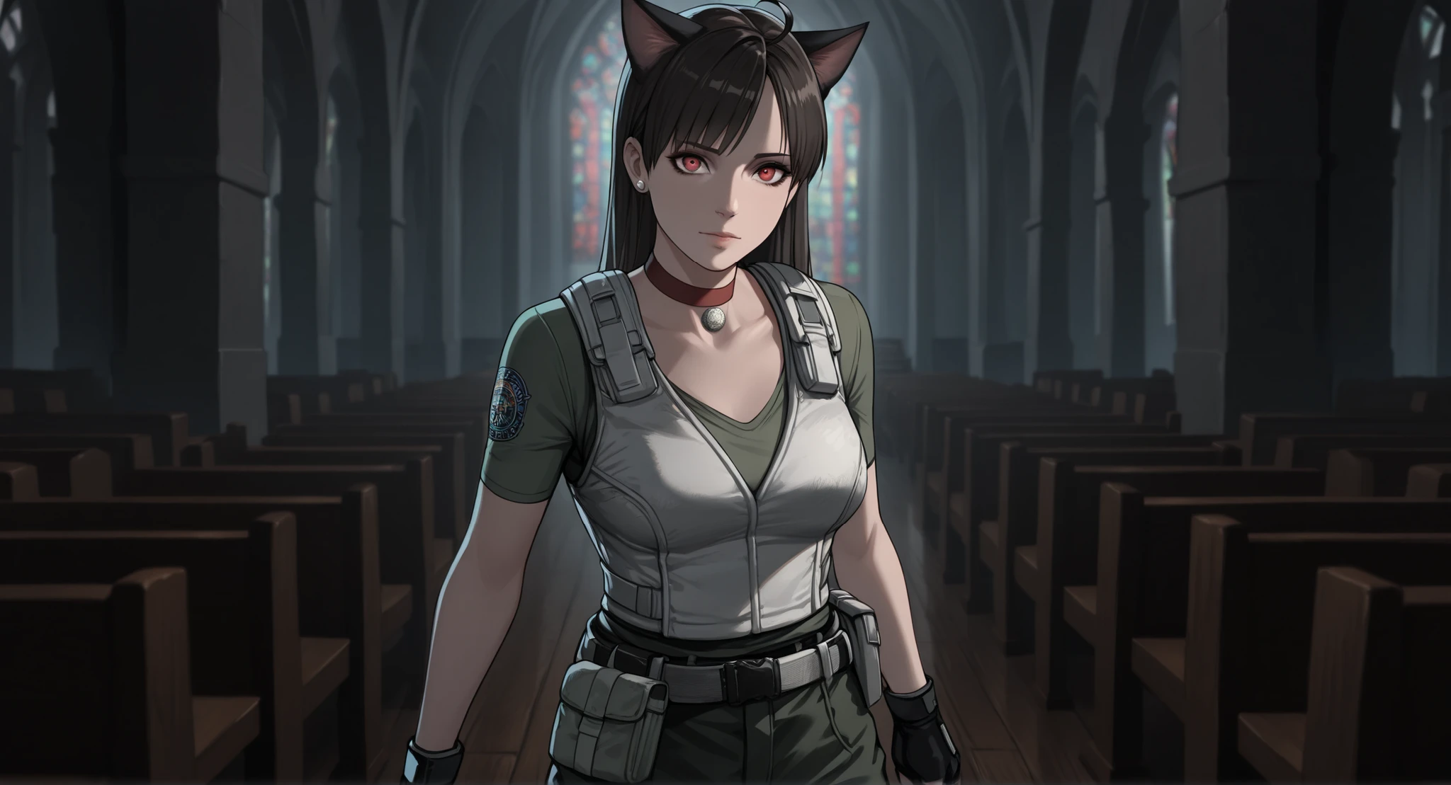 Rebecca Chambers from resident evil, masterpiece, best quality, 1girl, solo, rbchm, ((cat girl, cat black ears)), (red eyes), (long hair), (( black hair, (Ahoge), straight bangs,)), , with a black off-shoulder blouse,short black skirt,, stud earrings, red choker, white vest, green shirt, short sleeves, belt, belt pouch, fingerless gloves, black gloves, green pants, cargo pants, upper body, looking at viewer, medium breasts, (In the ruin of a church, wooden seats, dark theme, (cara seria), indoors, wooden floor)