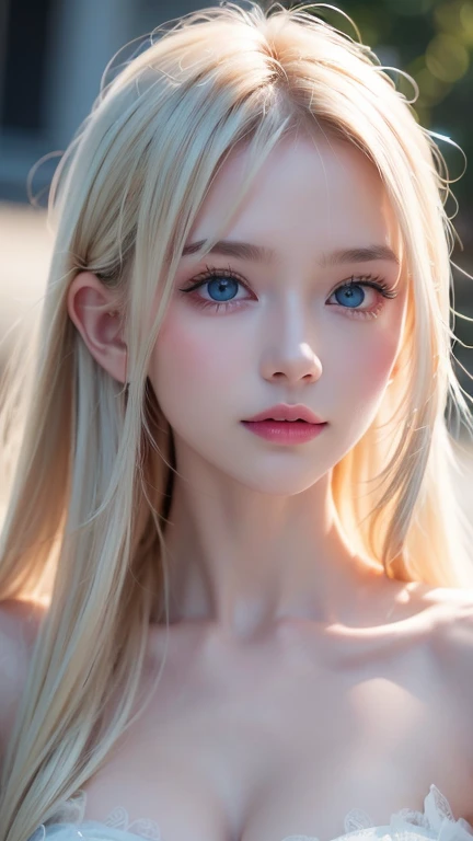 Highest quality、8K masterpiece、Ultra-high resolution、(Realistic:1.3)、RAW Photos、 A beautiful girl with mysteriously shining blonde hair of Nordic descent、Silvery blonde hair、Super long straight hair、Bangs between the eyes、Bangs that fall over the eyes、Bangs over one eye、Bangs between the eyes、Incredibly white, glowing skin、1. Cyberpunk Super Beautiful Soldier、((Ultra-Realistic Details))、Portraiture、Global Illumination、Shadow Realm、Octane Rendering、8k、Ultra Sharp、metals、Cool colors、、Very intricate details、Realistic Light、Trends of the CG Association、Very beautiful big bright blue eyes、Very big eyes、Eyes shining at the camera、Neon Details、Small Face Beauty、Round face、Highlights of cheek luster、eyeliner、Double eyelids