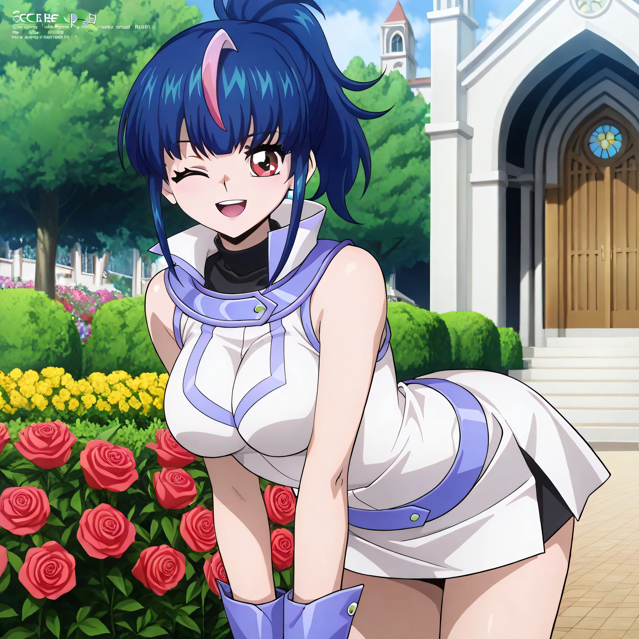 (((Masterpiece))), (((Best Quality))), ((Super Detail)), ultra-High resolution, score_9,score_8_up,score_7_up,score_6_up,score_5_up,score_4_up, BREAK, source_anime, anime screencap, uncensored, rating_explicit, Masterpiece, (absurdres), (detailed background), (very aesthetic), detailed beautiful eyes, outstanding, an exquisite animation illustration, curvy, highres, dark persona, Society of light, sleeveless, white shirt, white skirt, blue gloves, duel academy uniform (yu-gi-oh! gx), , (((solo, 1girl))), hair ornament, submissive pose,  pose, anime style, anime coloring, animification, megami magazine,  pose, medium , Hikari Myodo (Cardfight Vanguard), ponytail, multicolored hair, blue hair, streaked hair, pink hair, red eyes, smile, light, church light theme, holy theme, , arched back, leaning forward, smile, wink, open mouth, garden, rose, flower, wind, petal, looking at viewer