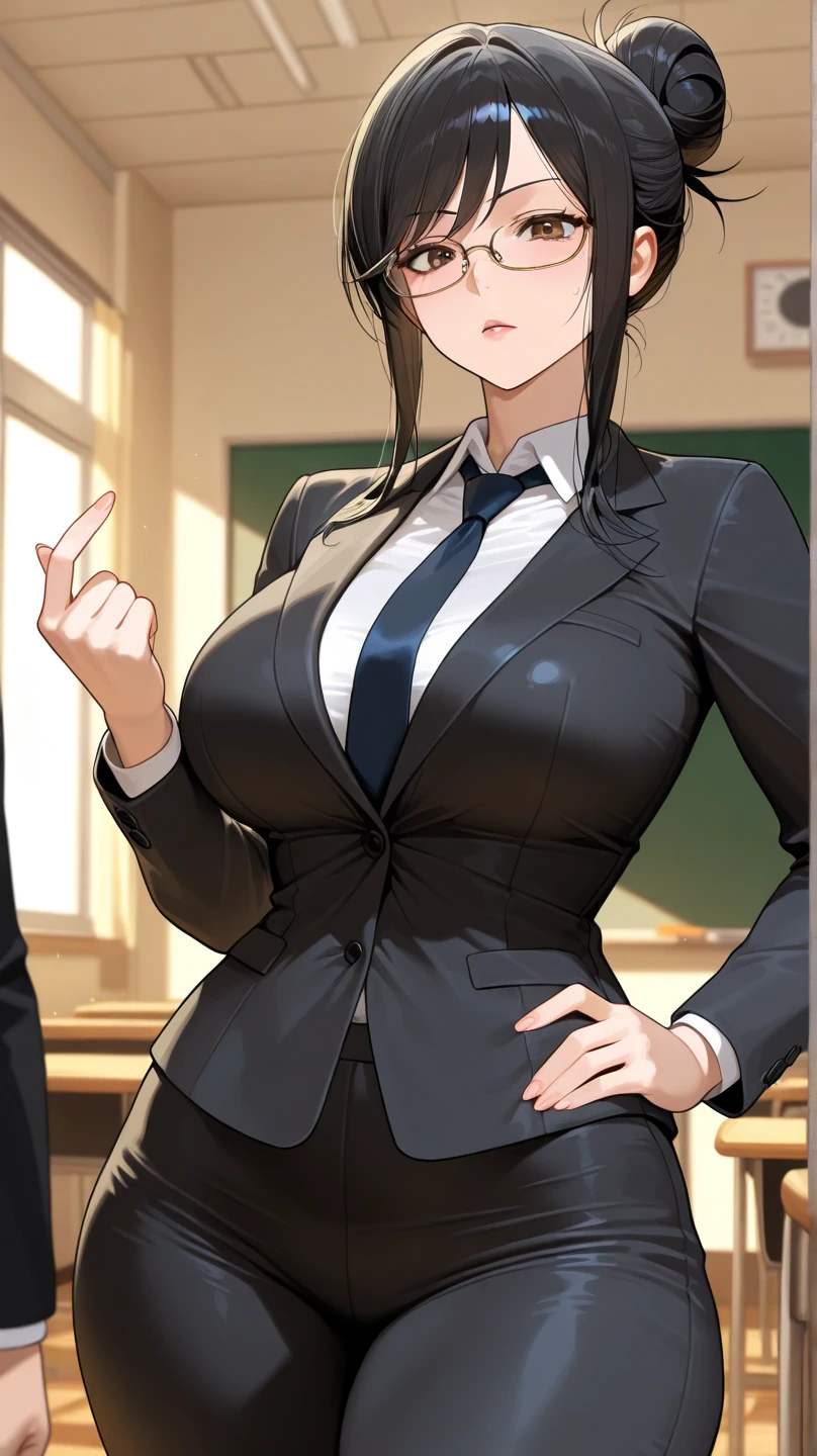 (masterpiece, best quality, detailed illustration, high resolution), ((1girl, solo)), ((huge breasts, slim waist, long legs, fit body, toned body)), ((brunette hair)), ((business suit, pants)), ((full body, closeup view)), ((standing)), ((looking at the viewer, facing the viewer)), office setting, ((tanned skin)), oiled skin, ((large breasts, mature woman, mature female, mature lady)), ((single hair bun)), (detailed eyes), ((standing)), ((good eyes, better eyes, expressive eyes)), (glasses)