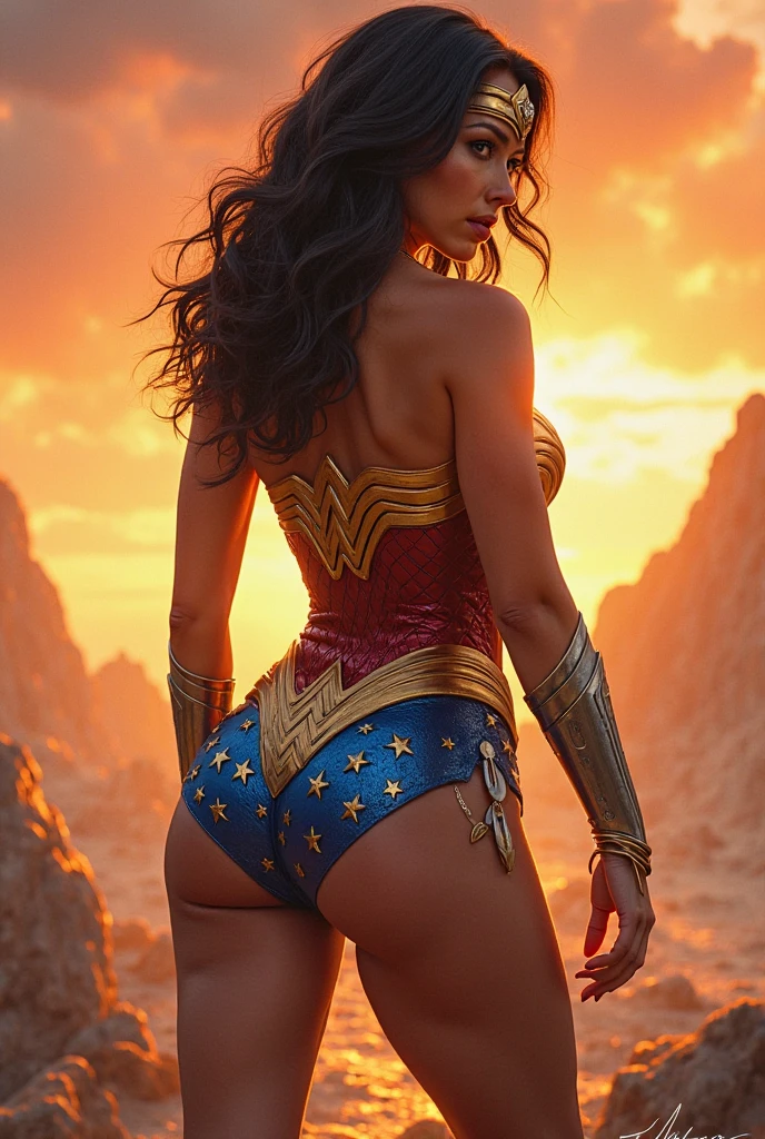PhotoRealistic Art Style Best Qualit:1.3, Natural Beauty, Masterpiece, Full Body View Visible, Hailee Steinfeld, Perfectly Accurate Face Proportion,Realistic Light Hazel Brown Eyes, Thick Eyebrows, Brown hair, slim toned Thighs, tight ass, perky round breast , slim athletic body type, perfect body type, wonder woman, Contemplative Stance with Emphasis on Buttocks: In a relaxed yet thoughtful pose, Wonder Woman’s tight suit outlines the natural curves of her body, focusing on the shape of her buttocks. Her hand on her chin and the other arm crossed over her chest further accentuate the snug fit, highlighting her athletic build. Back view 