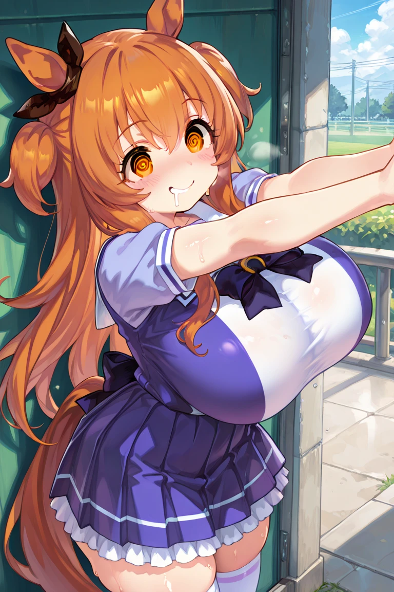 2d, masterpiece, best quality, anime, highly detailed, 1girl, solo, cowboy shot, nakano yotsuba, orange hair, hair bow, green bowtie, yellow sweater, collared shirt, green skirt, miniskirt, (giant breasts:1.6), standing, school, outdoors, smile, (Lamia:1.6)