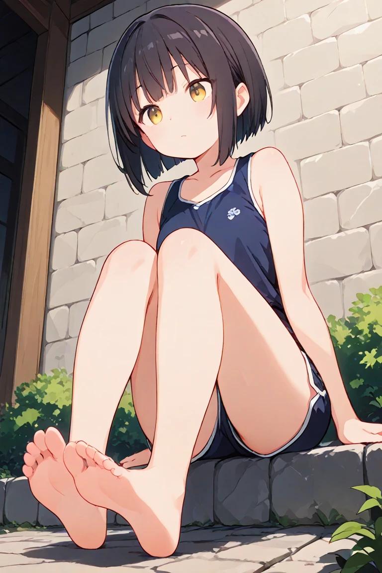 facial details,masterpiece,depth of view,cinematic angle, drsizukachan1, explicit, Shizuka Minamoto, (1 girl, alone, black hair, black eyes, twin tails, twintails, competition swimsuit, barefoot, looking at viewer:1.0, sitting, feet in focus, soles, toes, on the dirt street, scared), nsfw, (giant),