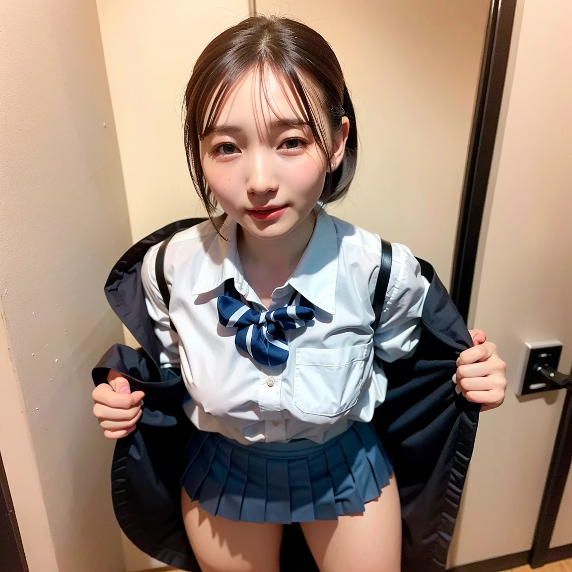 (masterpiece, highest quality:1.4), award-winning portraits, 8K, 85mm, alone, beautiful face, delicate girl, , (dark navy blazer jacket), dark navy skirt, long sleeve, violaces, gardenia, grace, Sophisticated, cute, teen, looking at the viewer, 15 years old, Raw photo, disorganized, HDR, sharp focus, A bow tie, background bokeh、(((flat 、thin and delicate body、A childish atmosphere)))、Her shiny semi-long hair is tied up、hair swaying in the wind、Mole on the left cheek、large, round, dark blue eyes、full body、random pose、Junior idol、Nogizaka Idol、widening skirt、jump、mole under eye、sexy、inside the classroom、no panties