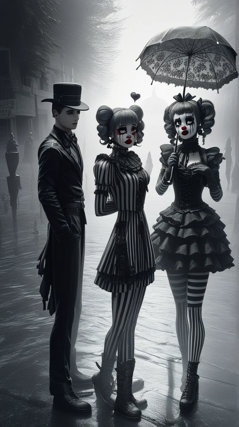 Pierrot clown robot, mandelbrot, cellular automata, human face, extremely white face powder, heavy make-up, pixiv, hd, hq, 5d, hyper-realistic, black irises