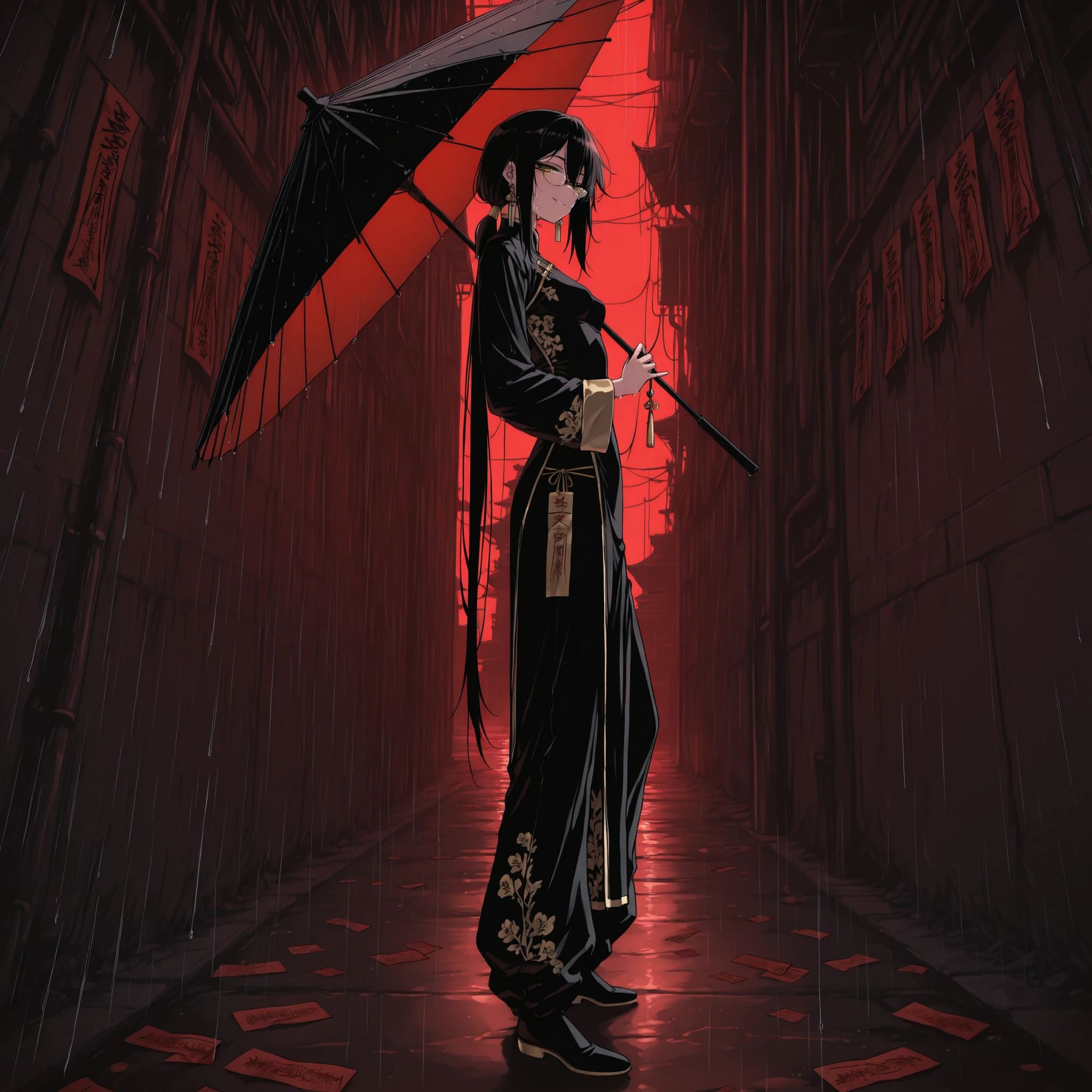 masterpiece, best quality, amazing quality, very aesthetic, foreshortening, 1 girl, teenage, taoist, wearing black and gold cheongsam, black long pants, very long sleeves, have black hair, long bangs, low ponytail, extremely long ponytail, narrowed eyes, yellow eyes, glasses, chinese style earrings, smiling kindly, holding chinese talismans in fingers, skinny, standard height, small breasts, blushed, sweaty, exausted, BREAK, Chinese talismans scattered everywhere, talismans glowing red, red lighting, dark theme, holding umbrella, looking at viewer, side view, in back alley, cyberpunk, raining