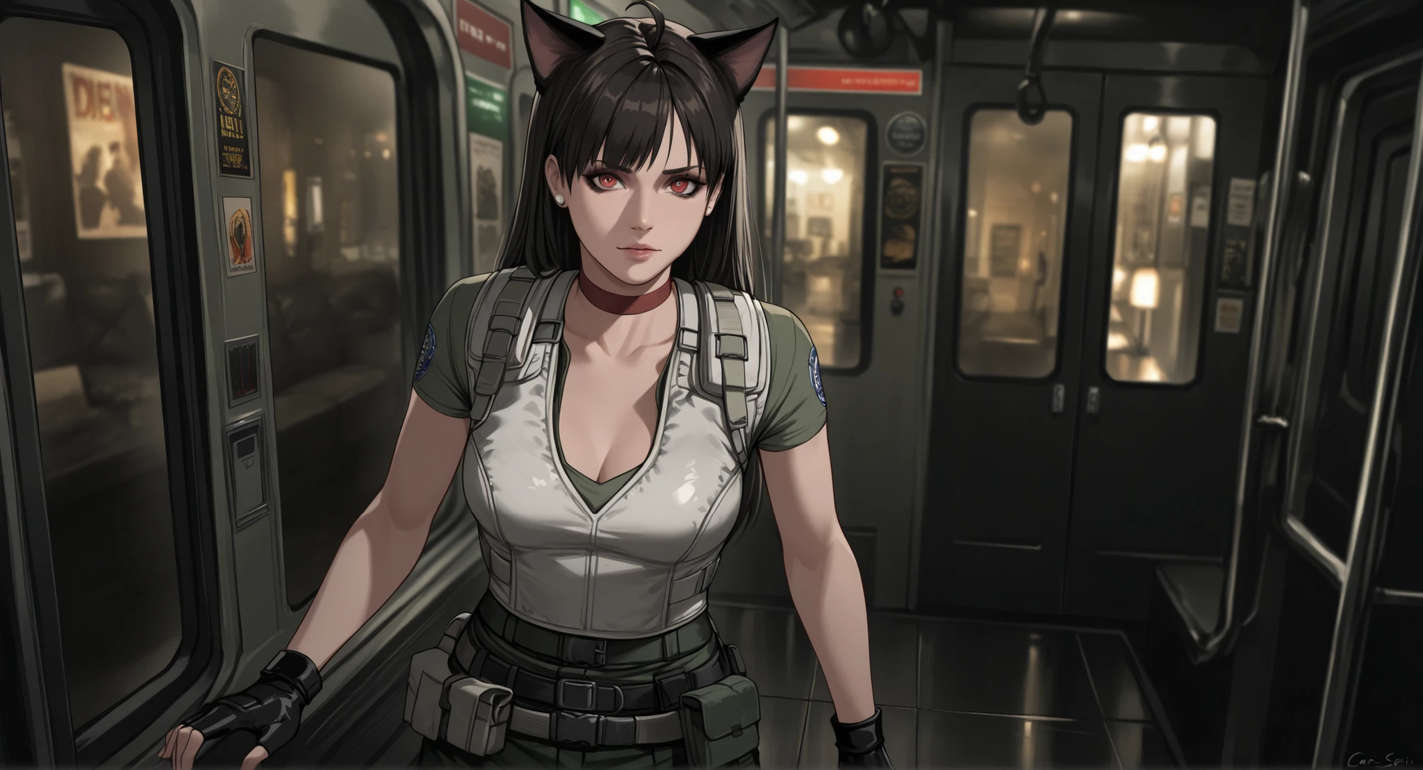 Rebecca Chambers from resident evil, masterpiece, best quality, 1girl, solo, rbchm, ((cat girl, cat black ears)), (red eyes), (long hair), (( black hair, (Ahoge), straight bangs,)), , with a black off-shoulder blouse,short black skirt,, stud earrings, red choker, white vest, green shirt, short sleeves, belt, belt pouch, fingerless gloves, black gloves, green pants, cargo pants, upper body, looking at viewer, medium breasts, (Inside a tram next to Billy Coen of Resident Evil 0, dark theme, (cara seria), indoors, metal floor)
