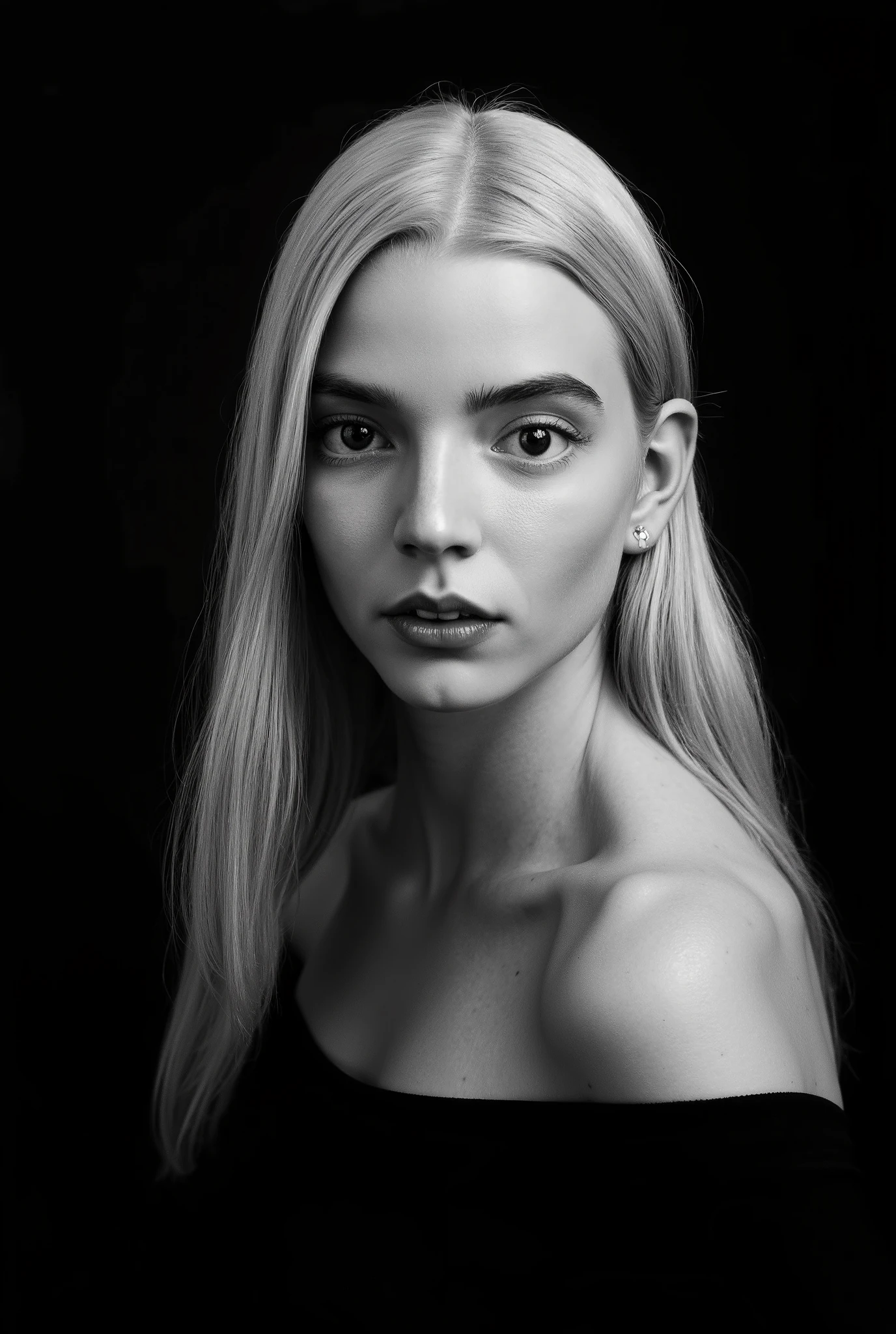 In a monochromatic setting, a girl showcases striking long, blonde hair that flows freely over their shoulders. The hair is characterized by its smooth texture and subtle layers, catching the light in gentle highlights that contrast against a shadowy backdrop. The choice of black attire blends seamlessly with the dim surroundings, enhancing the overall mystery and timelessness of the portrait. The composition focuses on the interplay between light and darkness, emphasizing the graceful lines of the hair and the serene calmness of the scene. Open shoulders and collarbones emphasize the femininity and seductiveness of the girl. She has a charming look and a sensual expression on her face. There are highlights in her dark eyes. close-up portrait, high quality, photorealism, masterpiece, professional photography, classic black-and-white photography, intricate details,