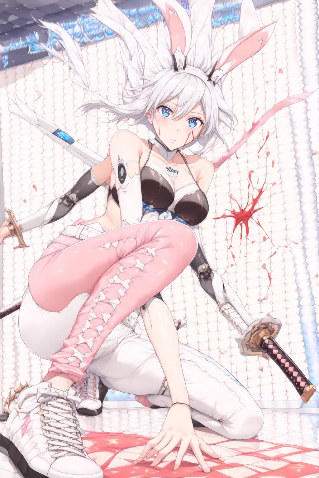 bondage girl with a sword and a dress on, in dress, gapmoe yandere, , laces and ribbons, at pixiv, yandere intricate, wielding a whip, strapped to her back, bondage, tied girl , seductive tied girl, white haired deity